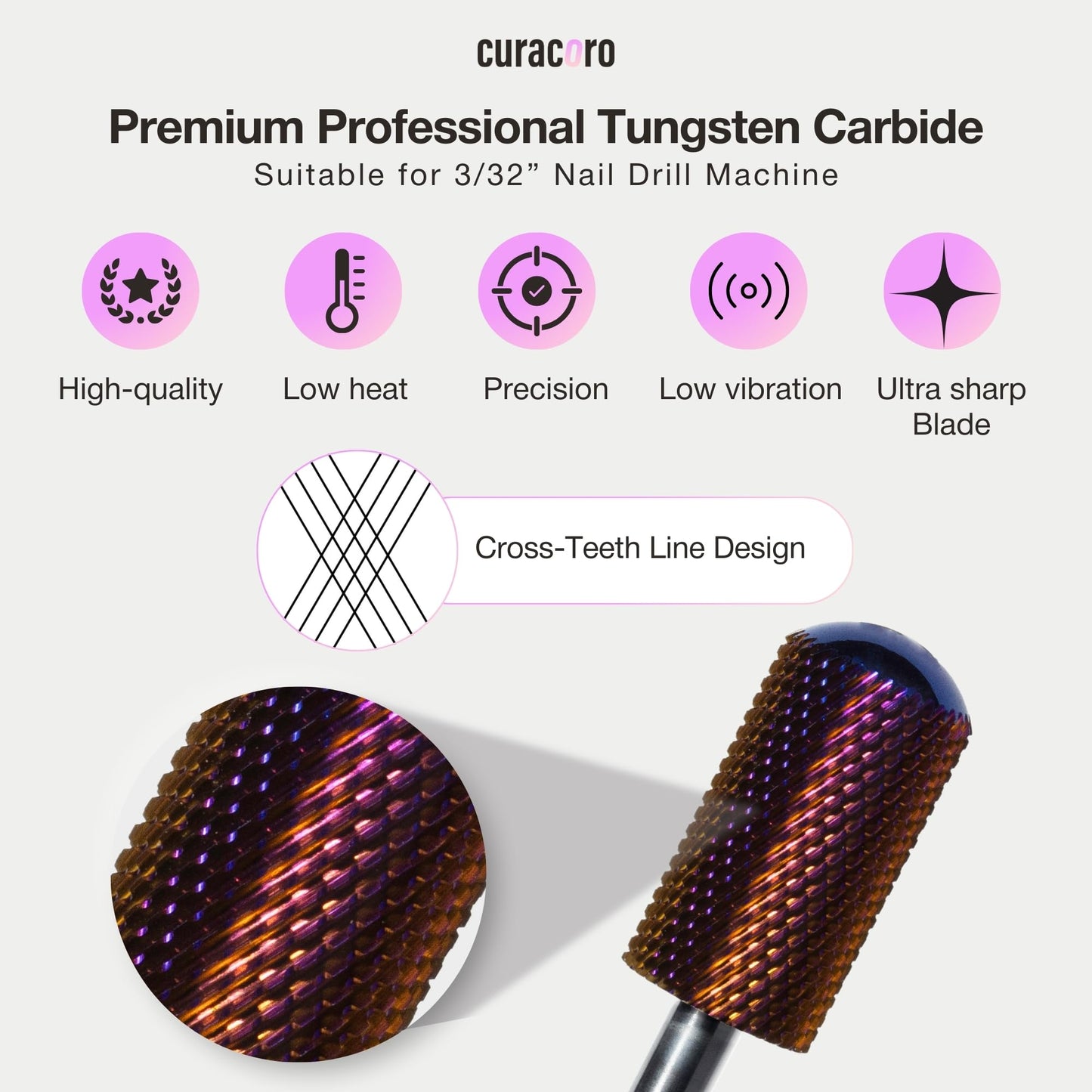 Curacoro Nail Drill Bits 3/32'' - L-Shape Smooth Stop Barrel Carbide Bit (Fine) for Professional Finish, Gently Remove, Buff & Polish Gel Nails, Nail Art Pedicure Manicure Salon & Home