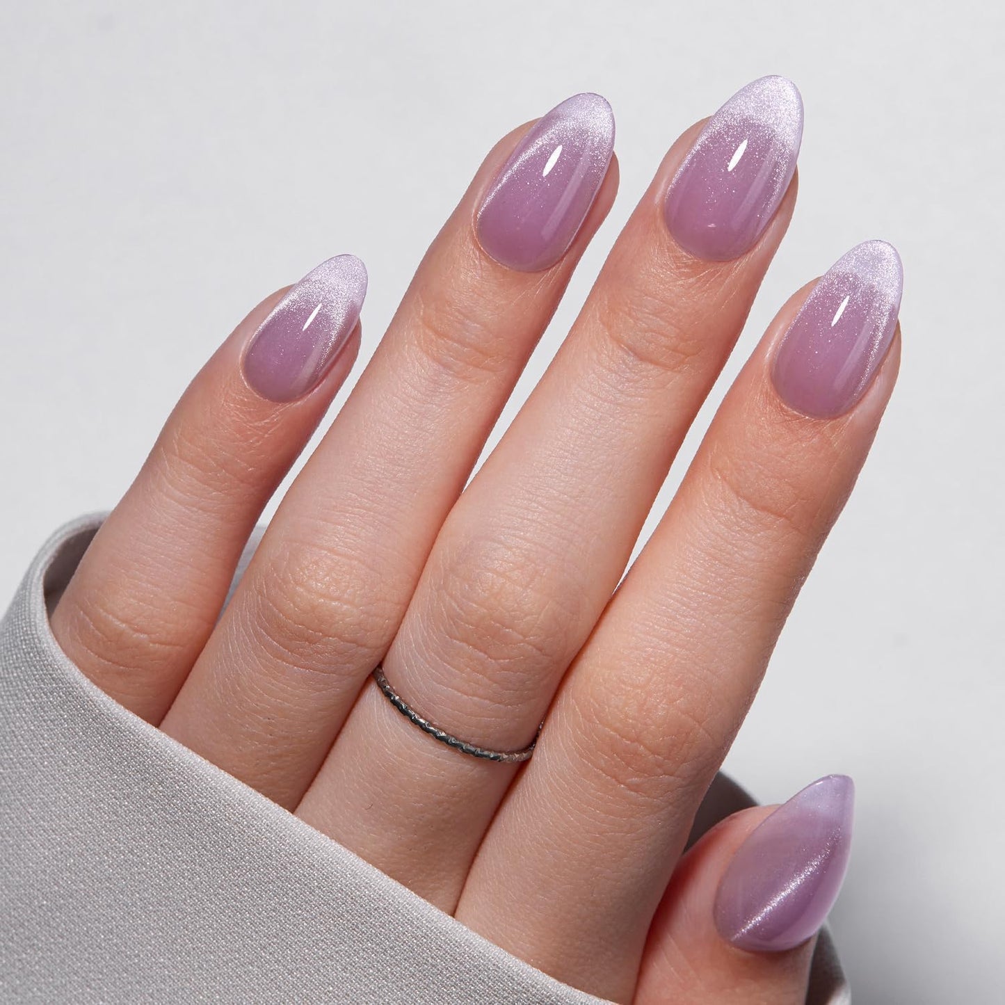 VSALON Almond Short Press On Nails, Pastel Light Purple Summer Ombre Sheer Cat Eye French Tip Light Curable Fake Nails, Reusable Stick On False Nails - 32 Pcs Nails Kit in 16 Sizes with Glues