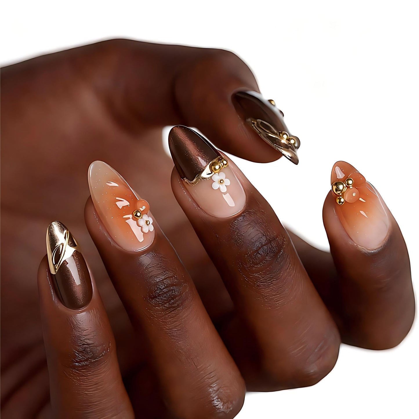 3D Brown Press On Nails, Almond Shape Glossy Fake Nails with Metallic Lines & Floral Design, Elegant On Nails for Women, 24 Pcs Nail Kit
