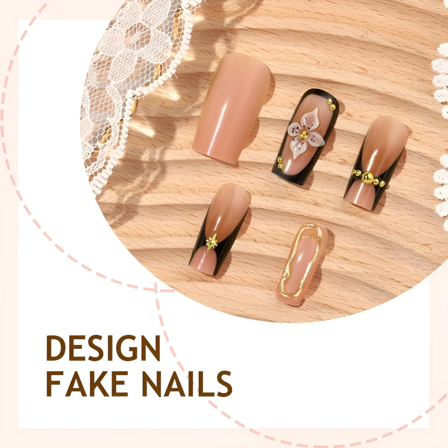 24Pcs Flower Press on Nails Medium Square Fake Nails Brown Nails Press Ons French Tip False Nails Glossy Glue on Nail with Gold Rhinestones Design Gradient Stick on Nail for Women Set