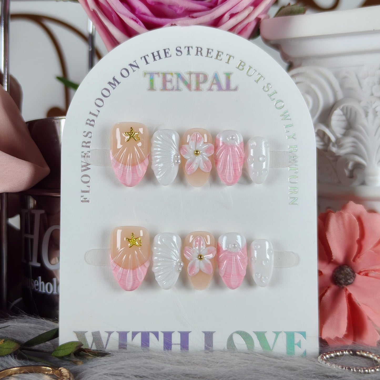 TENPAL Mermaid Press on Nails - Pink French Tips with 3D Shell & Pearl, Summer Floral & Handmade, Reusable Short Oval False Nails for Daily Glam(S)