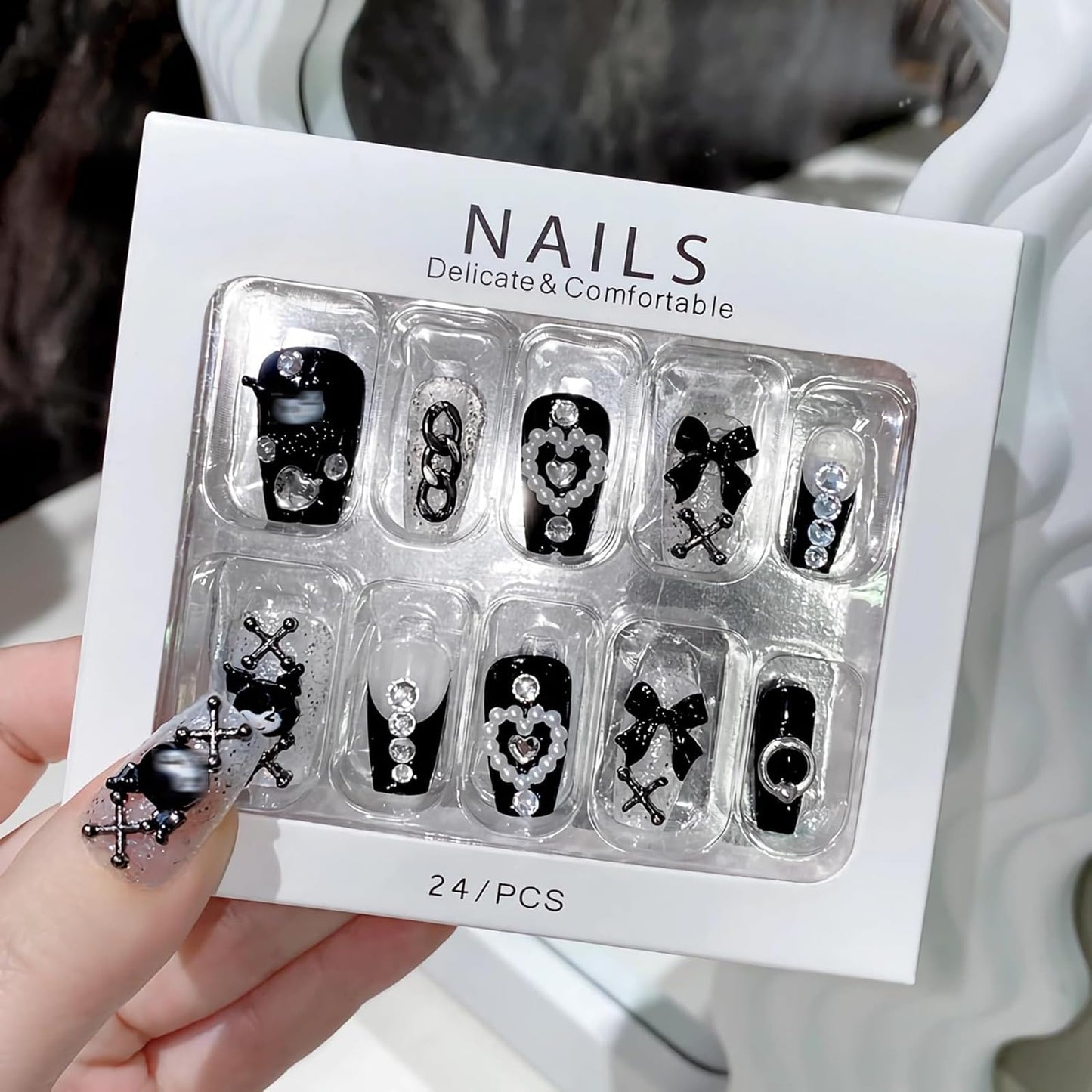 SINHOT Square Press on Nails - Medium Fake Nails, Glossy Finish, 3D Goth Black Cartoon & Pearl Hearts, DIY Artificial False Nail Art - 24 Pcs Nail Kit with Glue