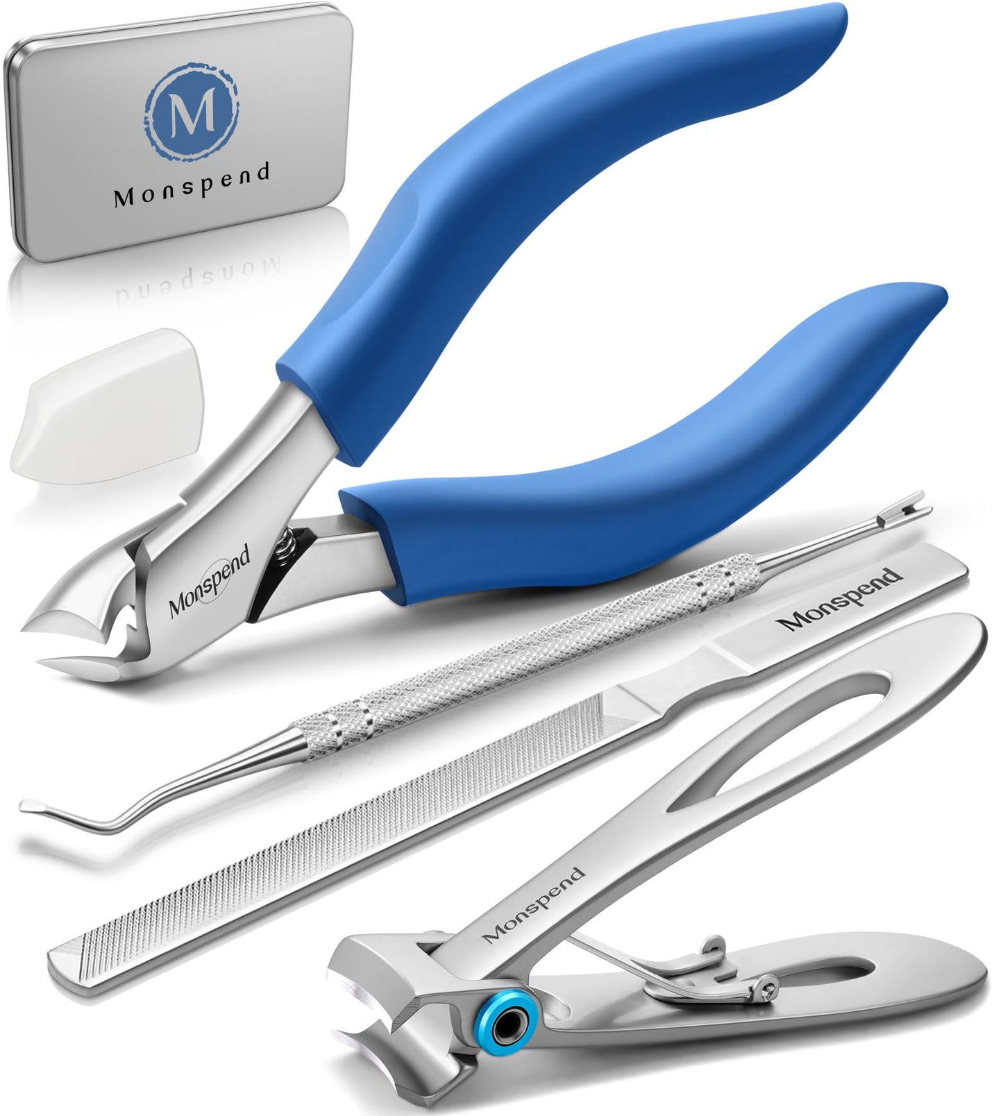Monspend Toenail Clippers for Seniors Thick Toenails, Heavy-Duty Toenail Clippers, Adult Thick Toenail Long Handle,Aluminum Storage Box (Blue)
