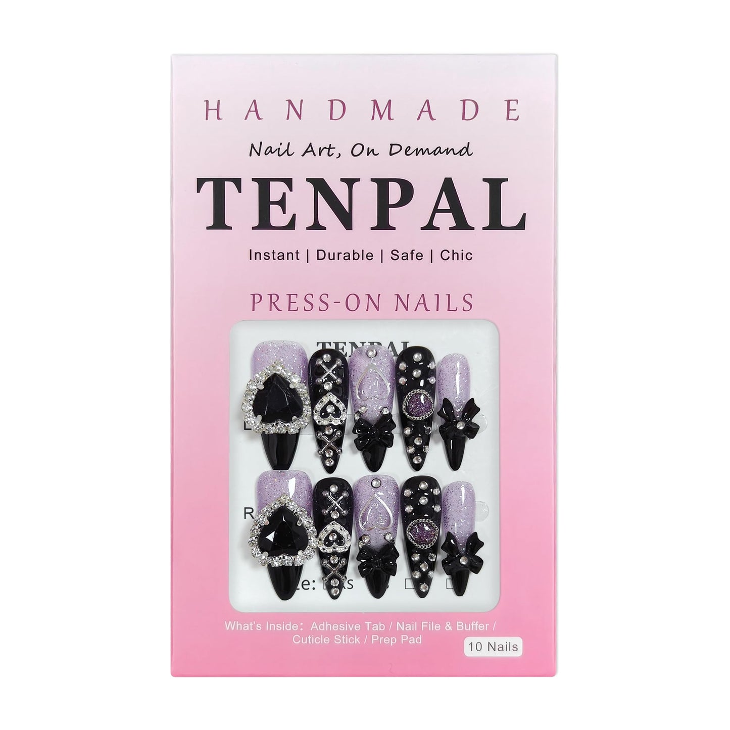 TENPAL Glam Punk Press on Nails Stiletto Almond Long,3D Heart Rhinestones&Metal Chains Designs,Black Glitter Purple Chrome Nails with Full Cover Micro Gems,Y2K Edgy Girly Streetwear Nails,10pcs XS