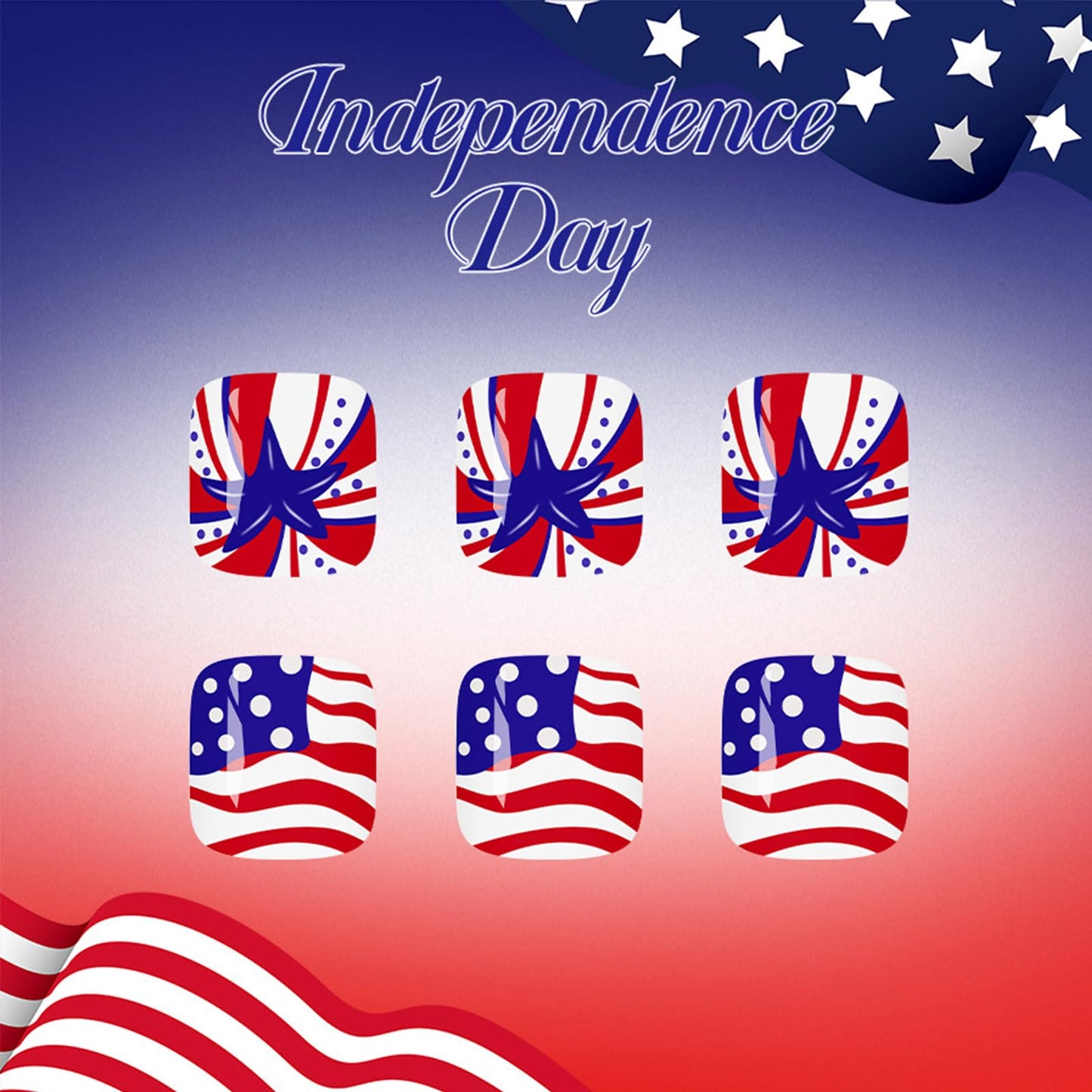 4th of July Press on Toenails Short Glossy Red White Blue Fake Toe Nails American Flag Star Stripe Toenail Press ons Independence Day Full Cover Acrylic False Toenails for Women 24Pcs