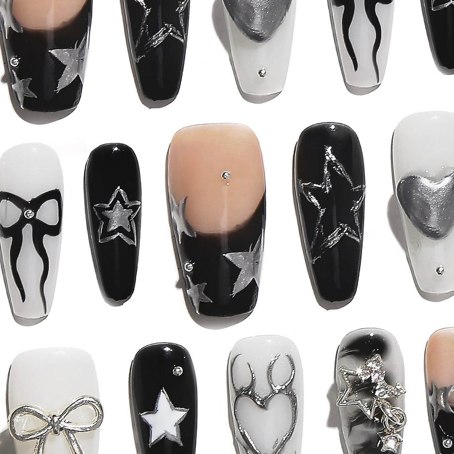 Sun&Beam Nails Handmade Press-on Medium Coffin Ballerina Black Silver White Grey French Star Rhinestone Design Fashion False Nail Tips 10 Pcs Set (#178 M)