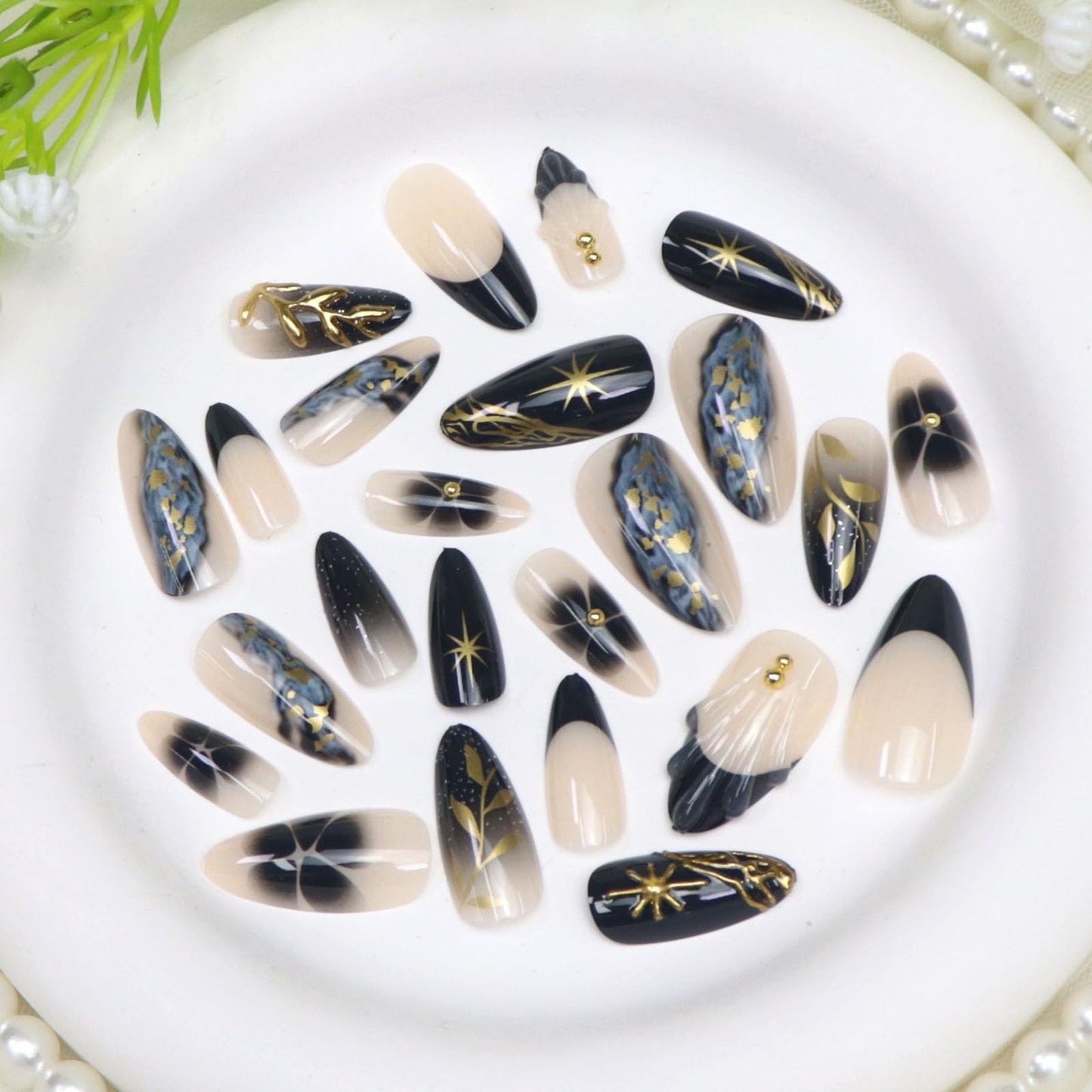 Almond Press on Nails Medium False Nails with 3D Water Ripples Golden Stars Pearls Leaves Flowers Designs Nude Acrylic Nails Press ons Black French Fake Nails for Girls 24Pcs