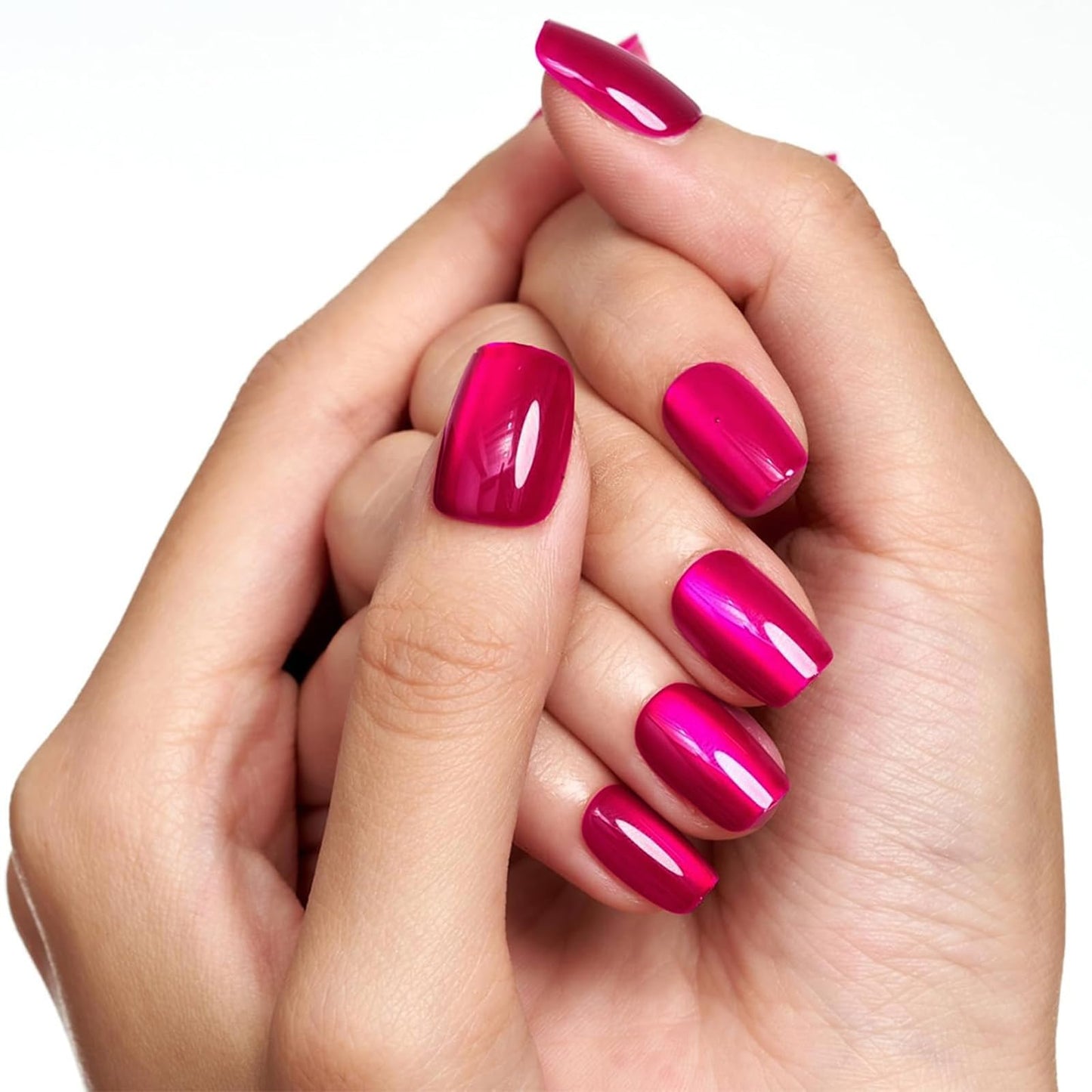 GLAMERMAID Hot Pink Press on Nails Extra Short Square, Handmade Magnet Cat Eyes Glitter Jelly Soft Gel Fake Nail Kits, 30 Pcs Magnetic Glue on Nail Reusable Acrylic False Nails Manicure Kits for Women