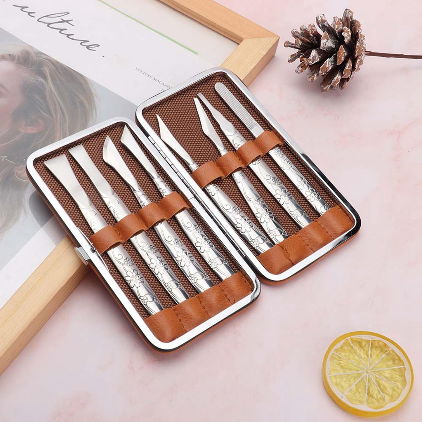 WQAPVHBG 8Pcs Ingrown Toenail Removal Kit, Stainless Steel Pedicure Kit, Pedicure Knife Dead Skin Removal, Ingrown Toenail Treatment Tool Set with A PU Leather Box