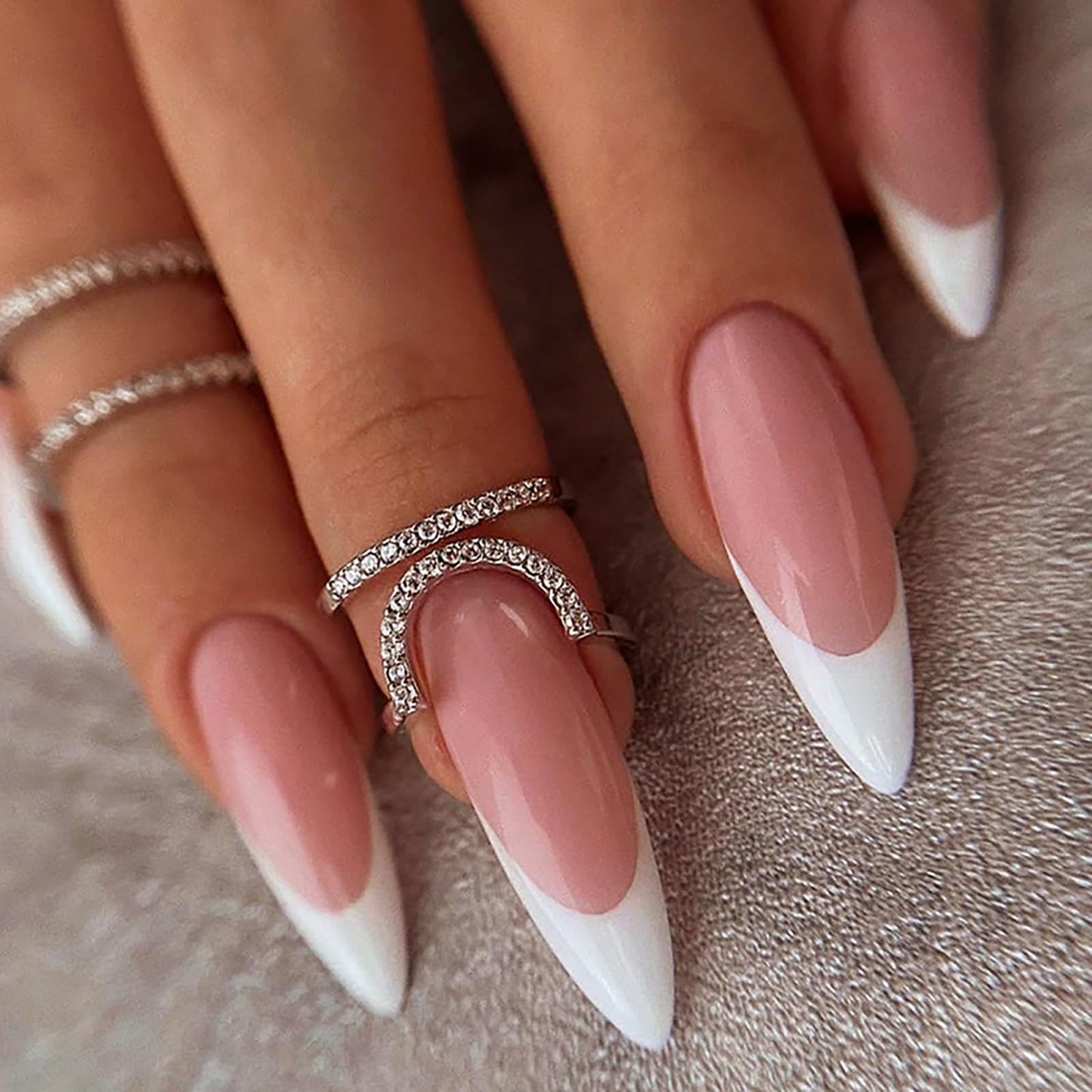 French Tip Press on Nails Long Almond Fake Nails Nude Pink White Nails Press ons Acrylic Nails False Glossy Full Cover Artificial Stick on Nails for Women Girls 24 Pcs