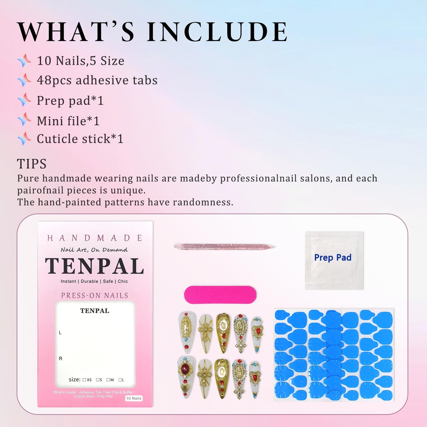 TENPAL Handmade Press on Nails Long Stiletto - Religious Metallic 3D Design Fake Nails with Our Lady Cross & Angel Charms,Acrylic Glossy Luxury Baroque Gothic Style False Nails for Formal Events(L)