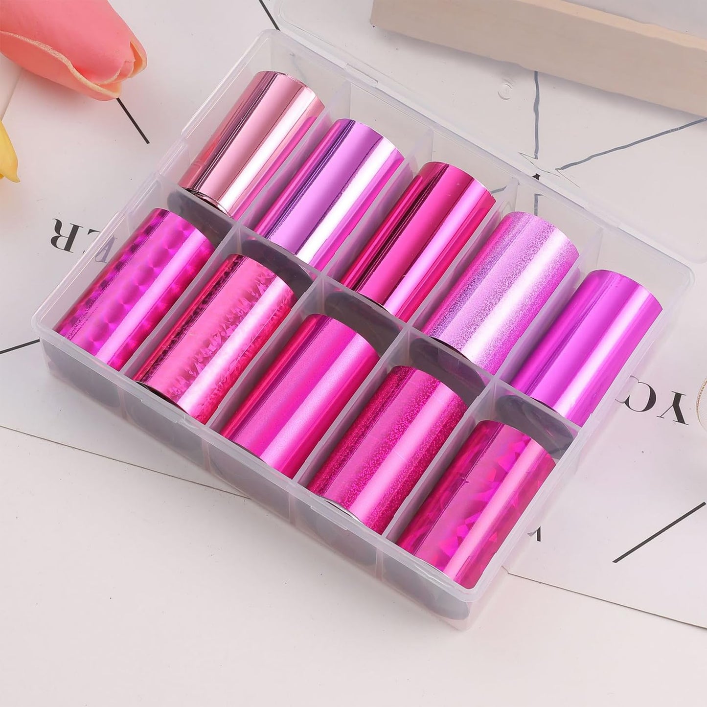 DANNEASY 20 Roll Iridescent Nail Foil Transfer Holographic Nail Foils Sheets Rose Neon Nail Stickers Starry Sky Metallic Nail Art Foil Cellophane Glitter Nails Design 3D Nail Decoration