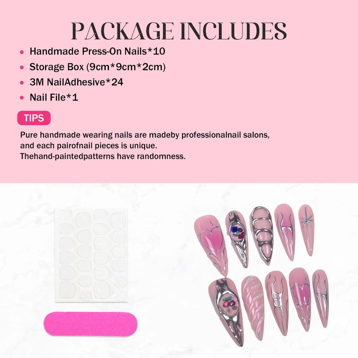 10Pcs Long Press on Nails Handmade Luxury Reusable Fake Nails Pink Almond Ombre False Nails with 3D Design Acrylic Gel Nails Full Cover Stick on Nail for Women (Size M)