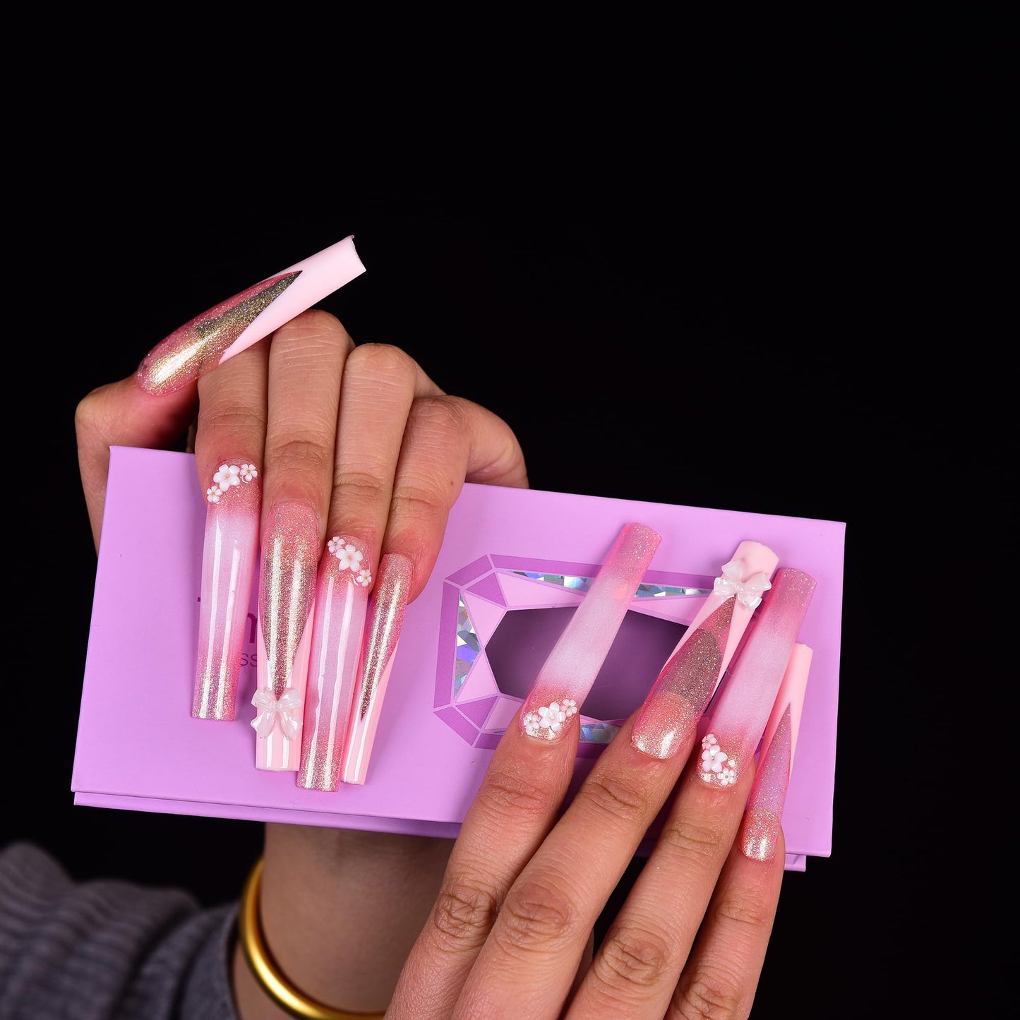 Tmani 10pc/set Extra Long Handmade Press On Nail Hot Girl's Long Ballet Square Nail Full of Diamond Glitter Decoration Fake Nails Suitable For Girls Festival Parties and Birthday Gift（123,Size-S)