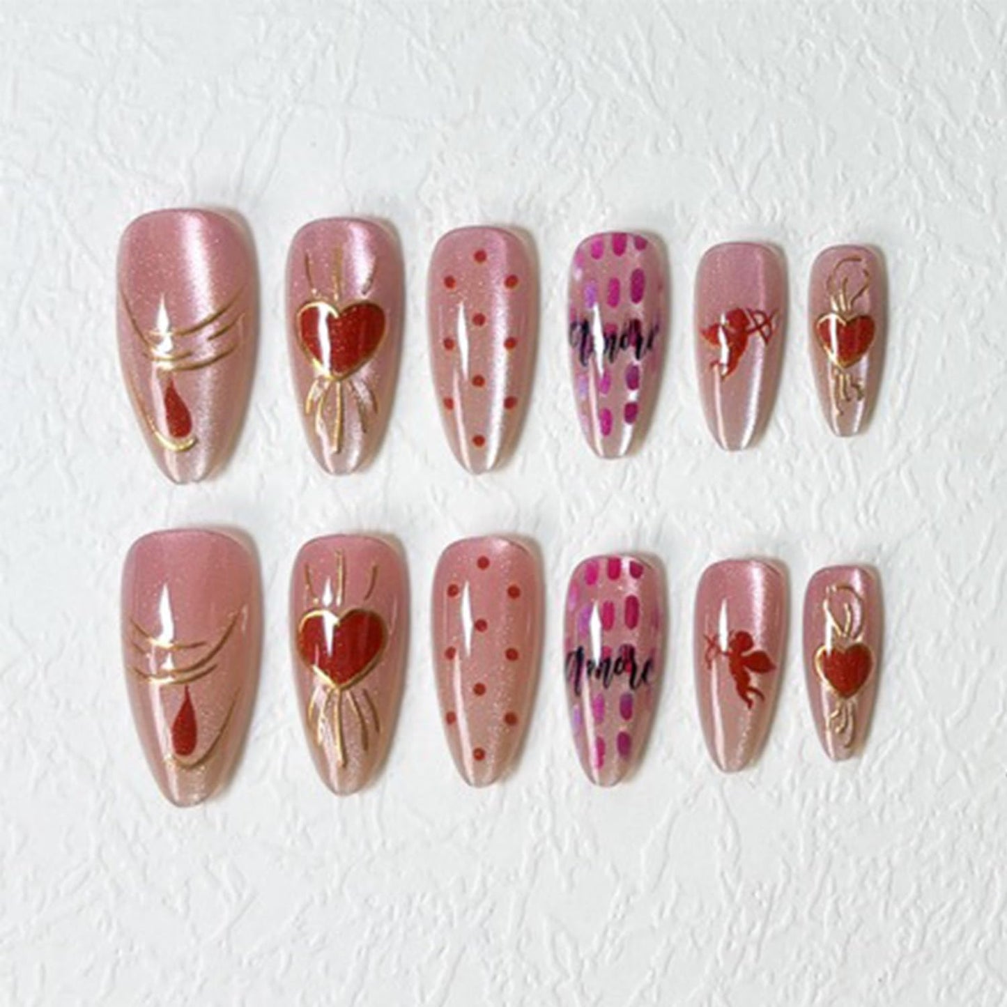 24Pcs Valentines Press on Nails Short Almond Fake Nails with Golden Lines Polka Dots Angel Designs Sweet Pink Full Cover Stick on Nail Romantic Heart False Nails for Women Holiday Nail Decorations