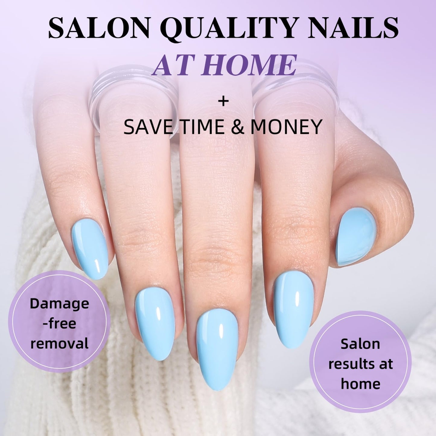 Blue Press On Nails - Short Almond Press On Nails, Light Blue Reusable Fake Nails with Nail Glue for Women, 32 Pieces, 16 Sizes