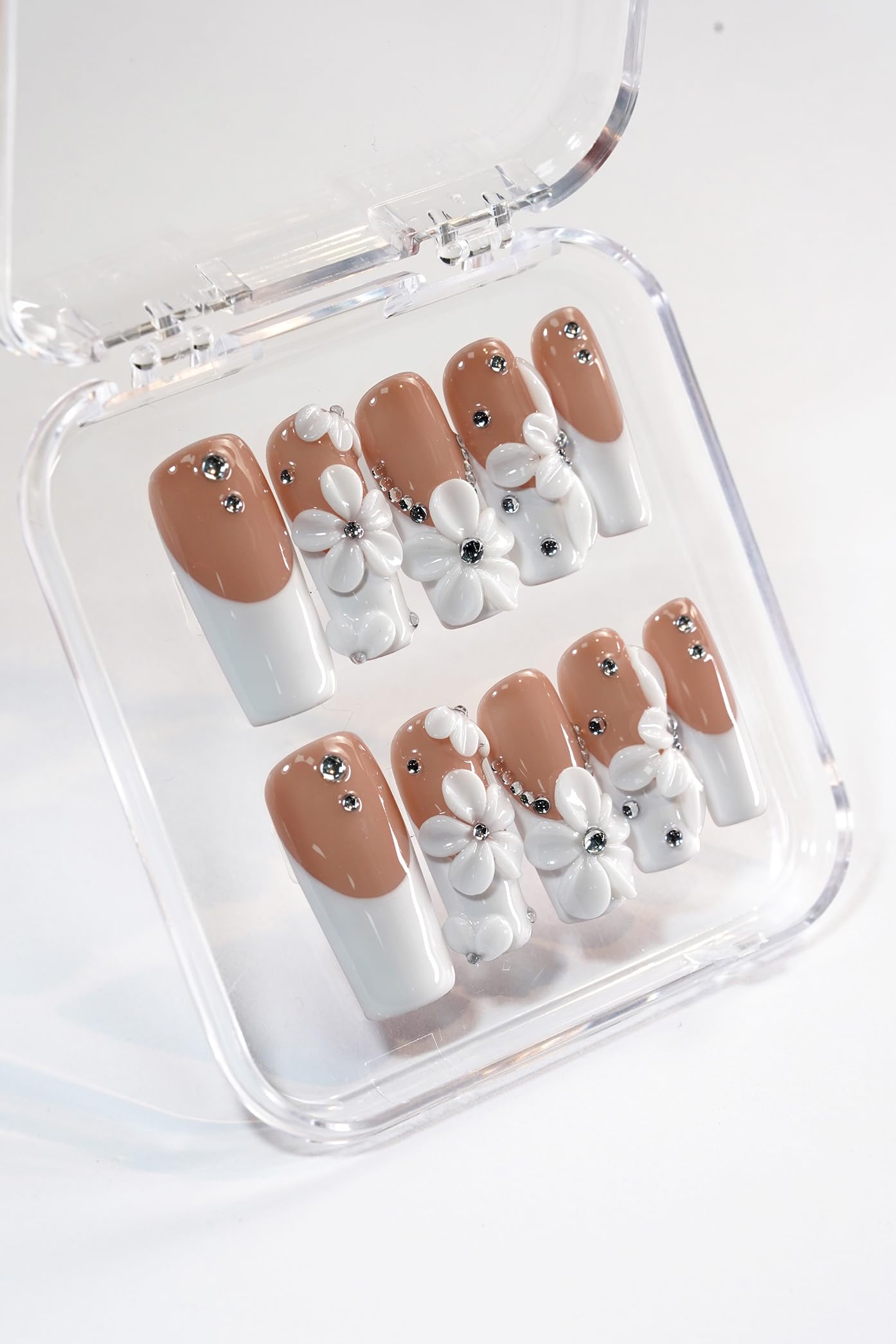 Nelaoco 10PCS Handmade Press On Nails REUSABLE 3D Gel Fake Nails Acrylic Slim Natural Profile Glassy Shine & Detail-Focused Finish (Gardenia Frost - S)