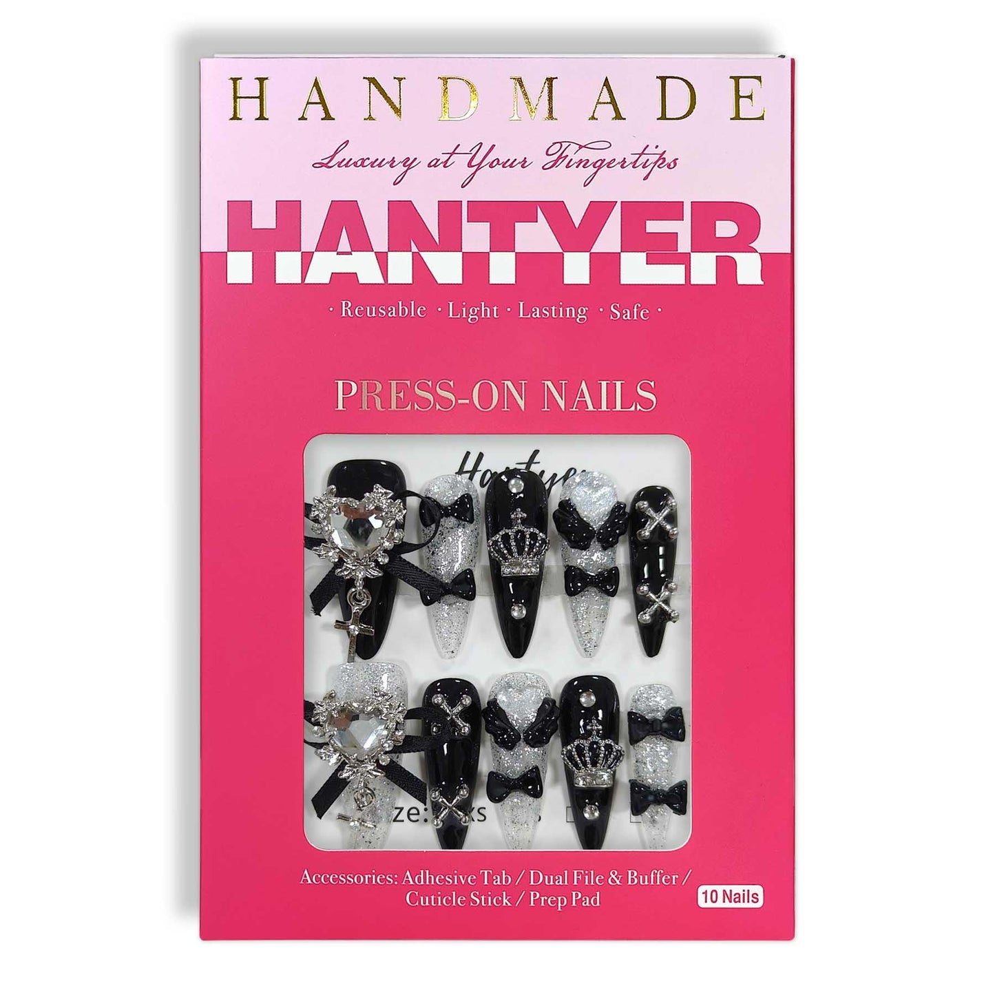 Hantyer 10pcs Black Press on Nails with Heart Rhinestones & Silver Charms, Long Stiletto Glossy Dark Edgy Fake Nails, Reusable Gothic Glam False Nails for Women Night Party Valentine's Day (Size S)