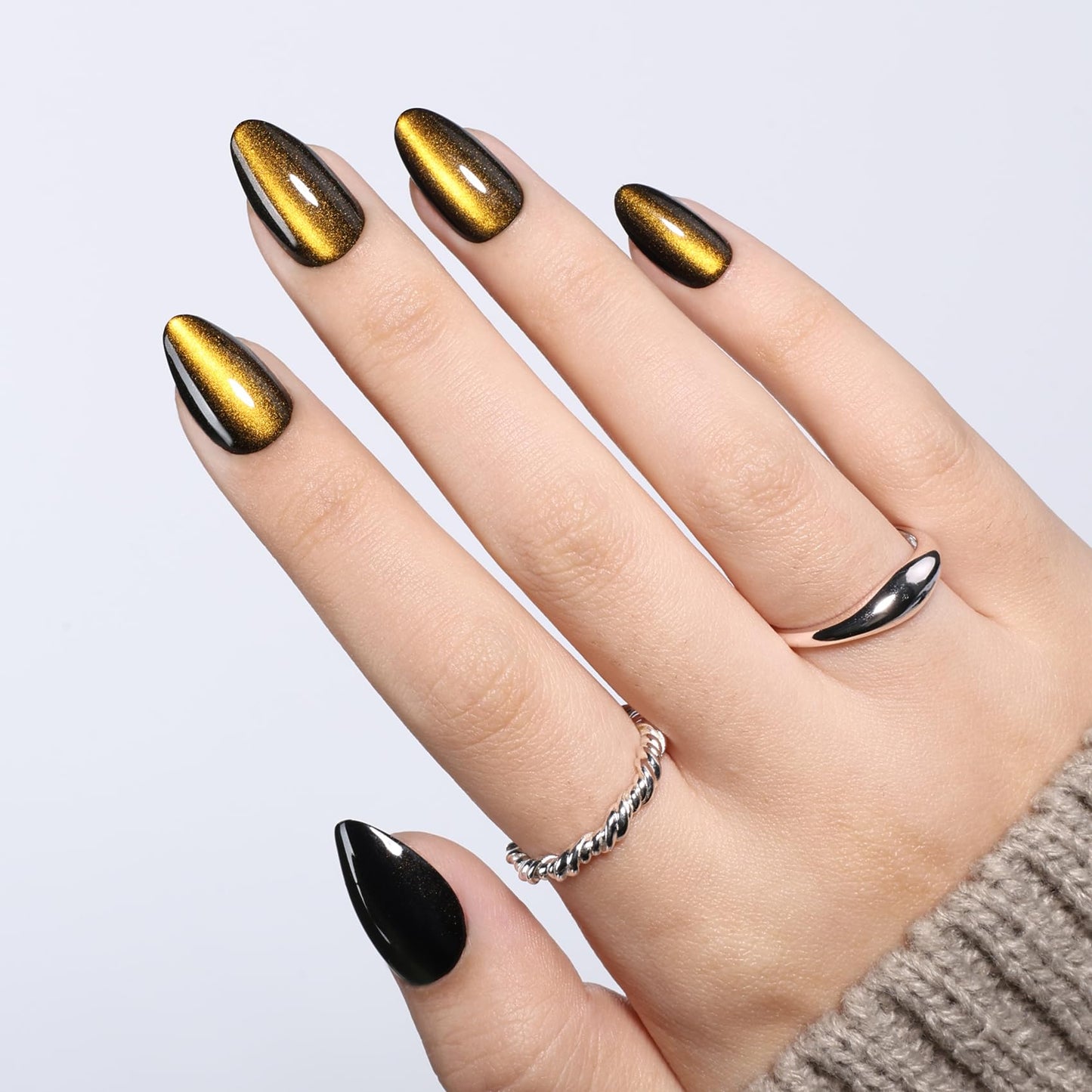 Gold Cat Eye Press On Nails Almond - Short Almond Fake Nails with Nail Glue, Gold Cateye Press On Nails Reusable Stick On Nails in 16 Sizes 32 Nail Kit for Women & Girls | Salon Quality