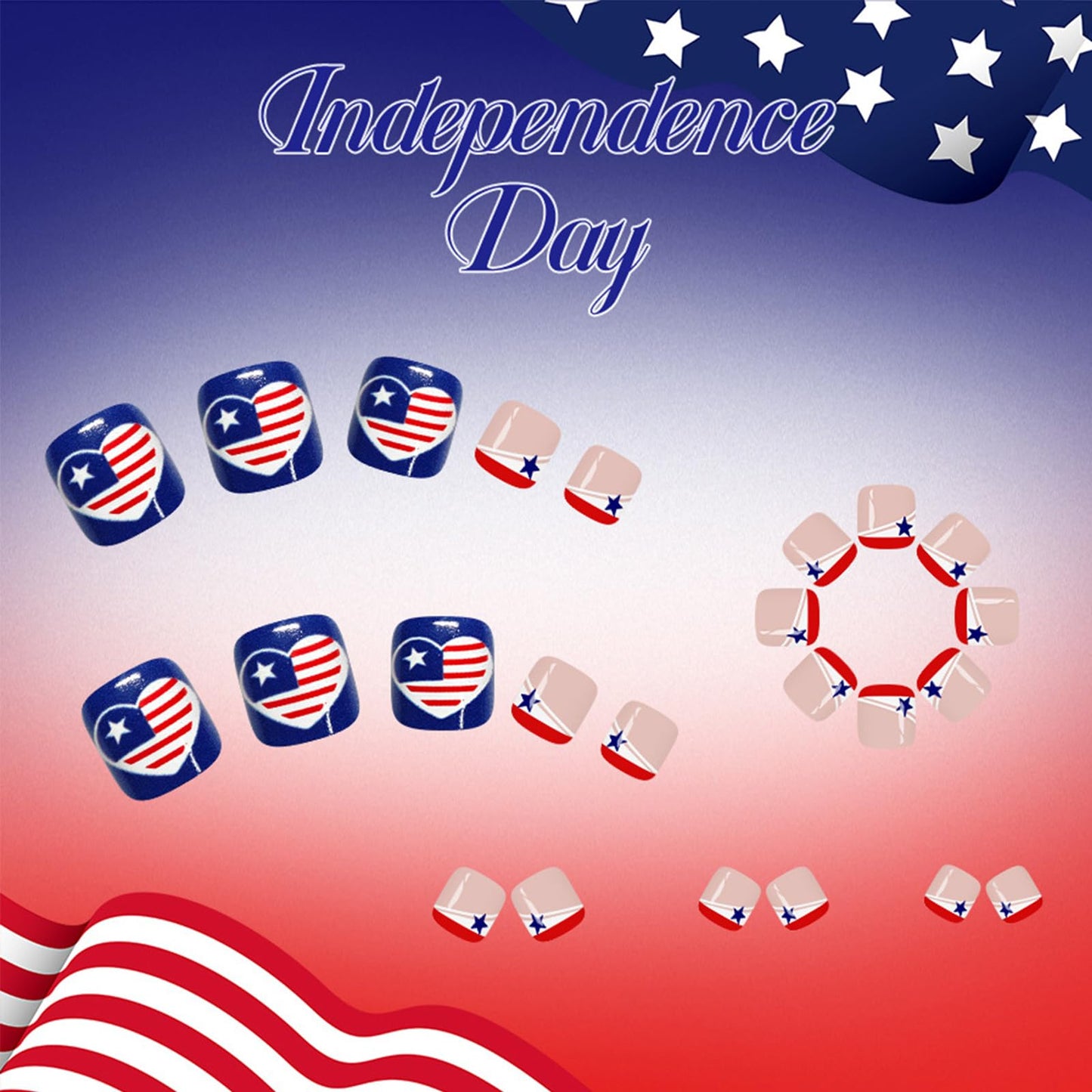 4th of July Press on Toenails Short Square Fake Toe Nails Star French Tip Glossy False Toenails Independence Day Heart Flag Toe Nail Press ons Acrylic Stick on Nails for Women 24Pcs