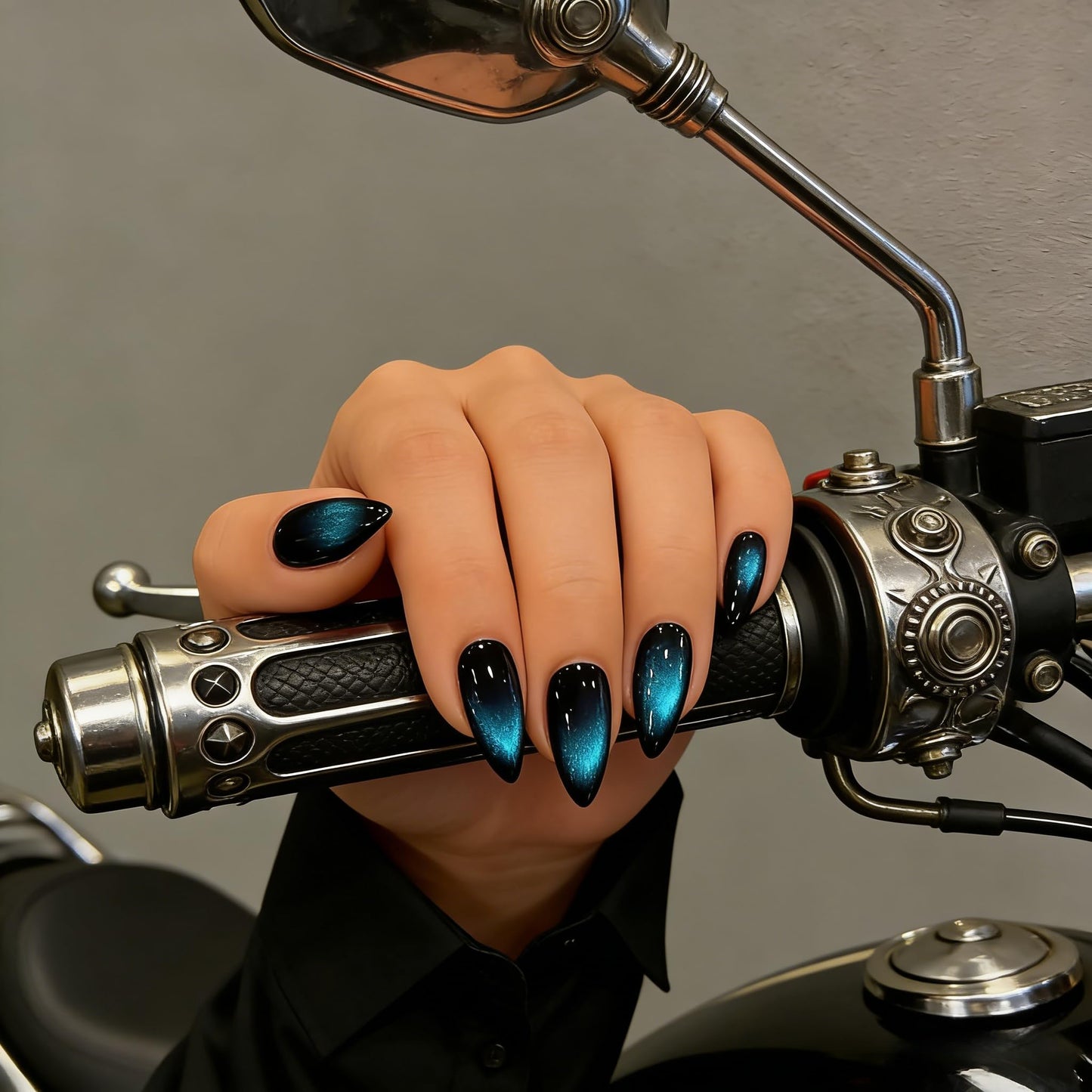 KQueenest Cat Eye Press On Nails Almond - Dark Ocean Blue Press On Nails Medium Stiletto, 30 Pcs 15 Sizes Glitter Fake Nails Press ons Black, Upgrade Thick Quality Glue on Nail for Women Party