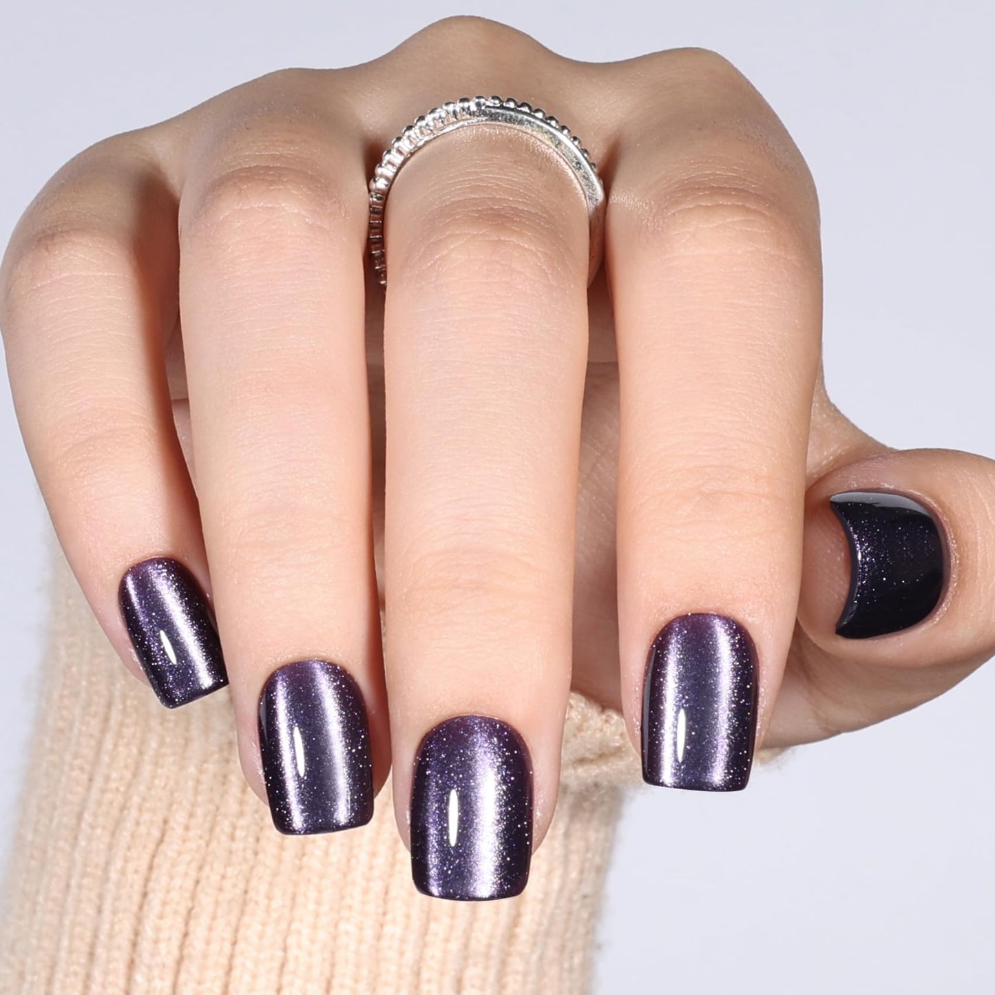 Purple Cat Eye Press On Nails Square - Short Square Fake Nails with Nail Glue, Dark Purple Cateye Press On Nails Reusable Stick On Nails in 15 Sizes 30 Nail Kit for Women & Girls | Salon Quality