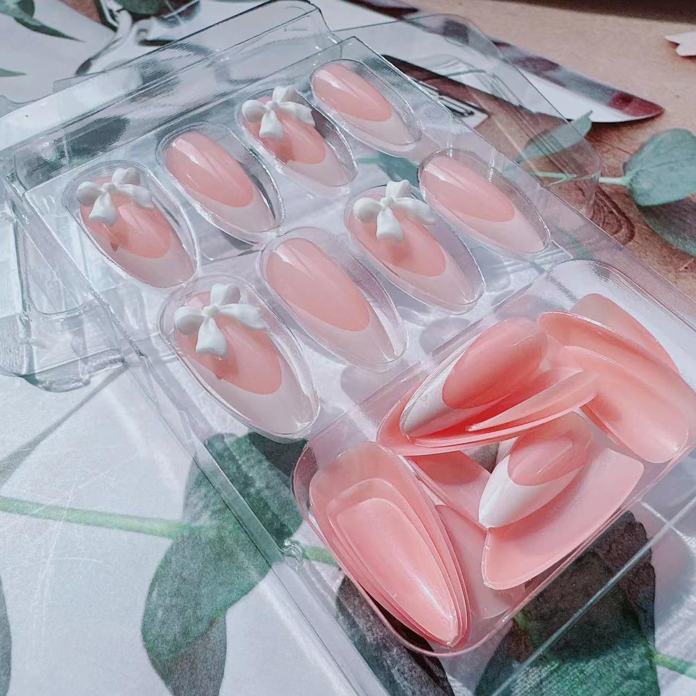 24Pcs French Tip Press on Nails Medium Almond Shape Fake Nails with White Bow Design Charms False Nails Stick on Nails Press ons Full Cover French Acrylic Nails for Women Girls Nail Decorations