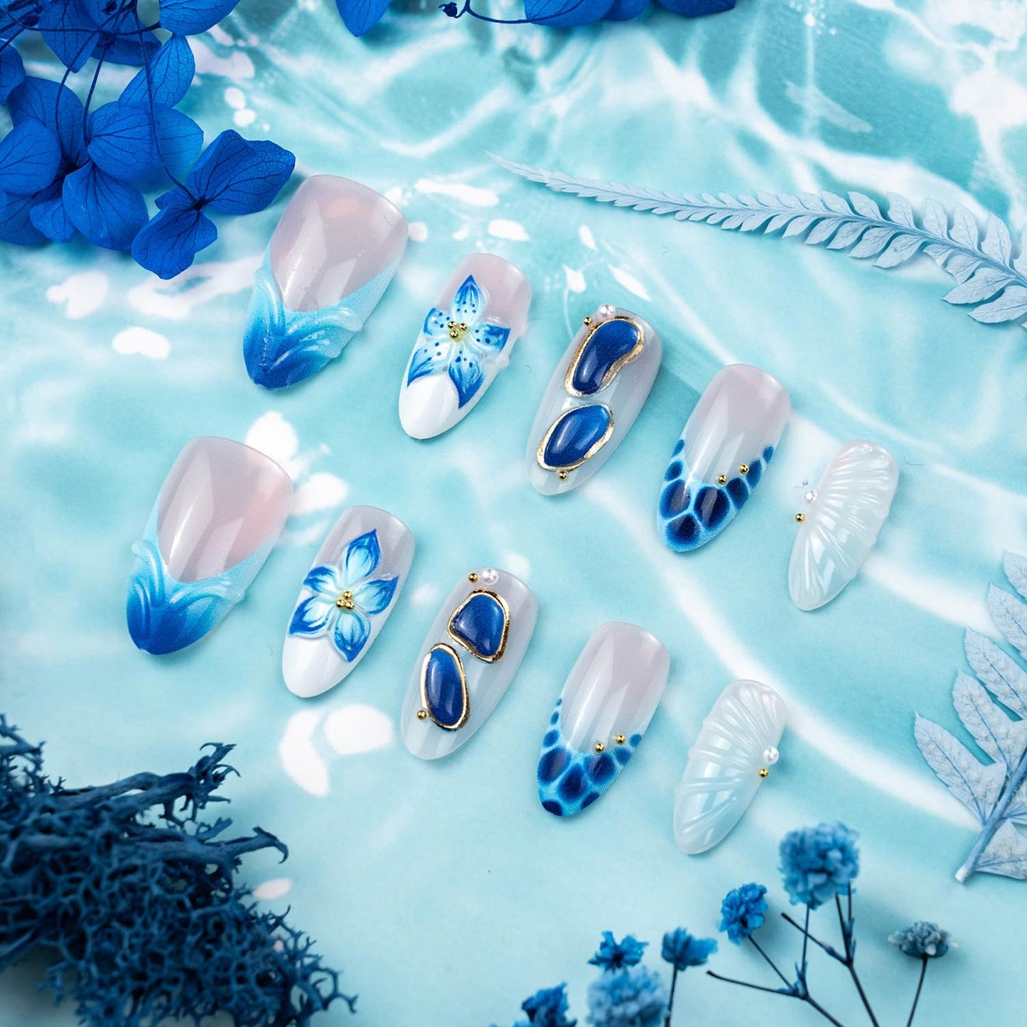 Summer Press On Nails Medium Almond Fake Nails French False Nails With Blue Floral Gold Pearl Design Reusable Acrylic Nail Press Ons Glossy Stick On Nails Full Cover For Women Manicure 24Pcs