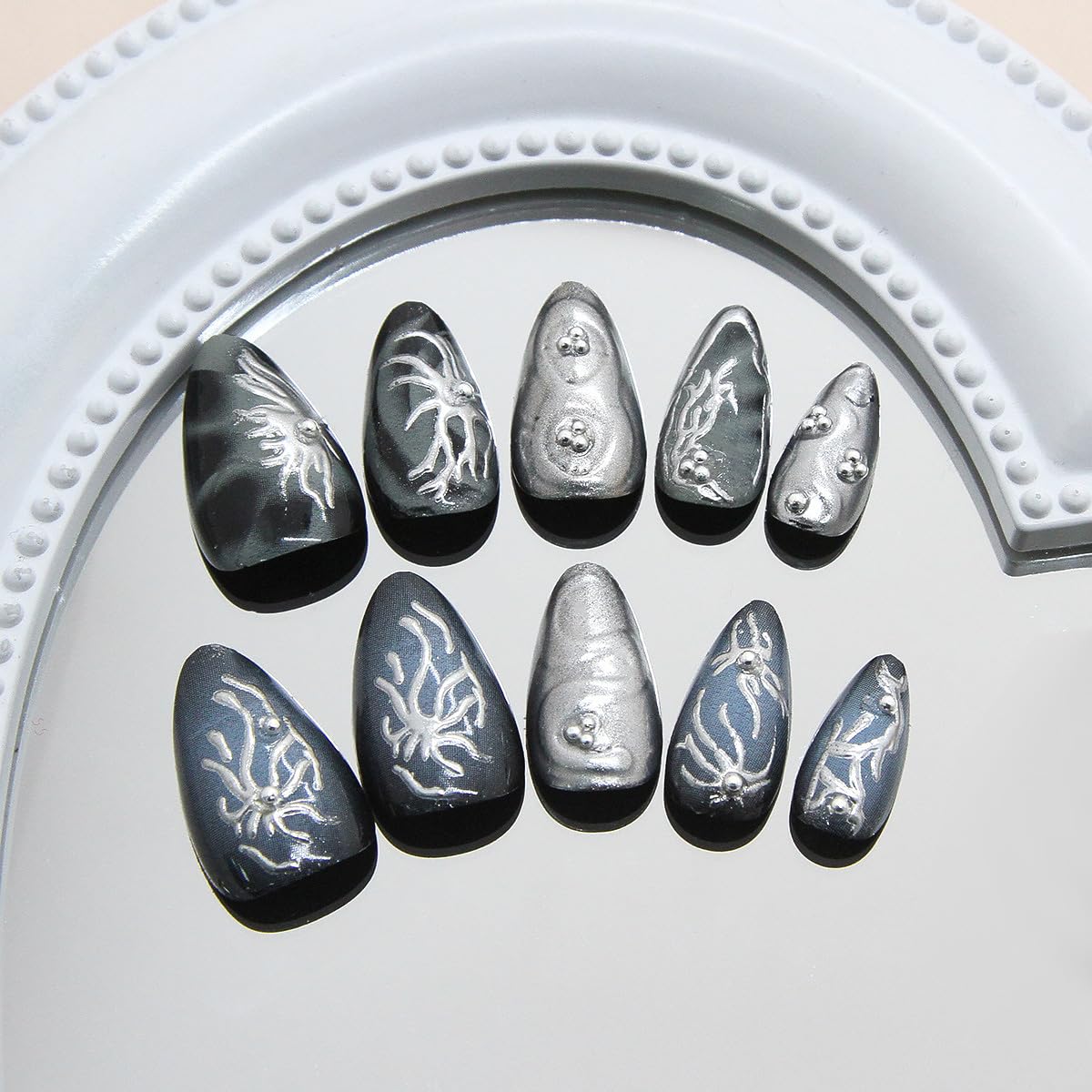 WBRRFJJ 30Pcs Dark Almond Halloween Fake Nails with 3D Y2k Irregular Silver Design Pearl Jewelry Glitter Full Cover Artificial Glue on Nails Gothic Stick on Nails for Women