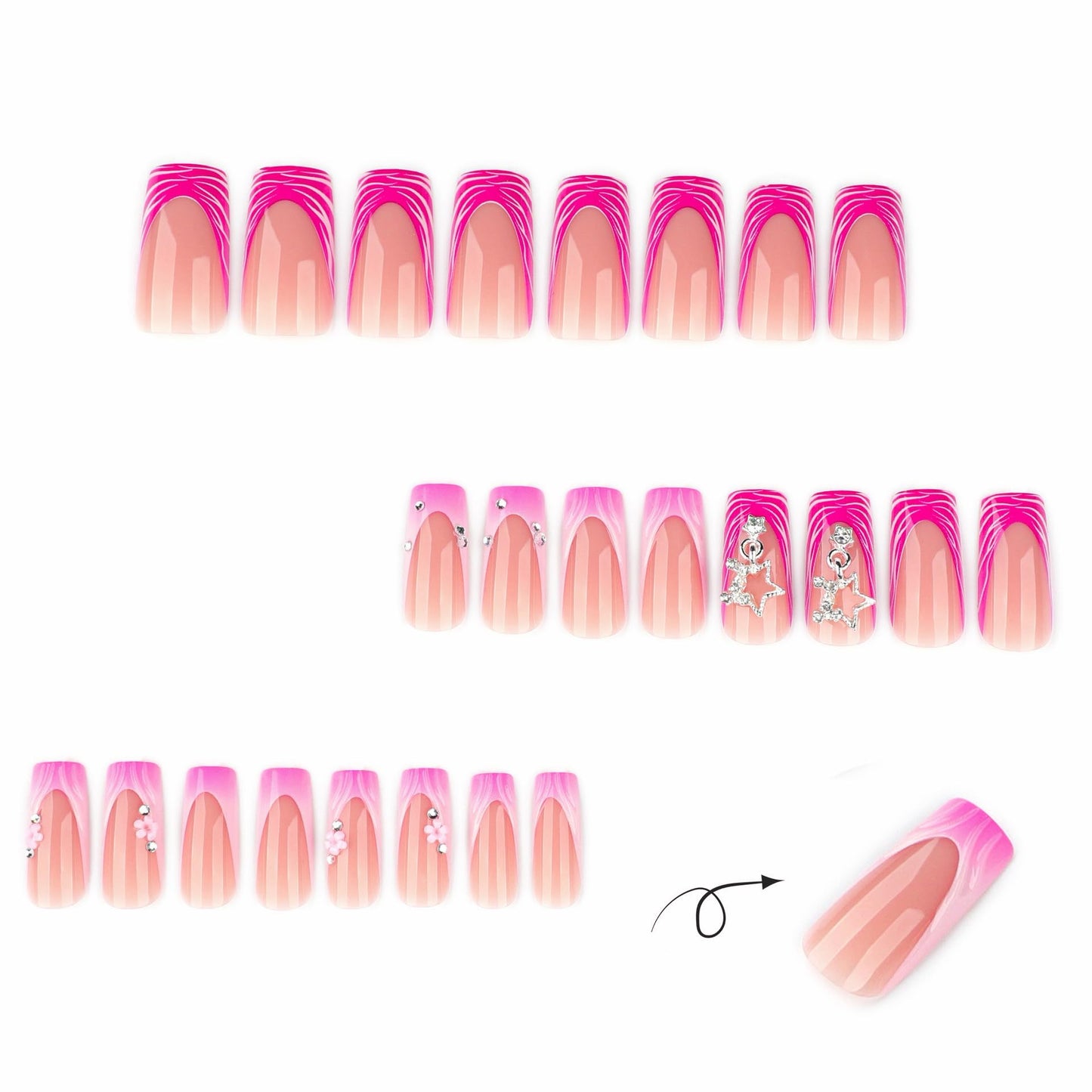 CTTHNBD Press on Square Nails - Medium Fake Nails with Star Charms Design - Pink French Tip False Nails - for Women 24 Pcs