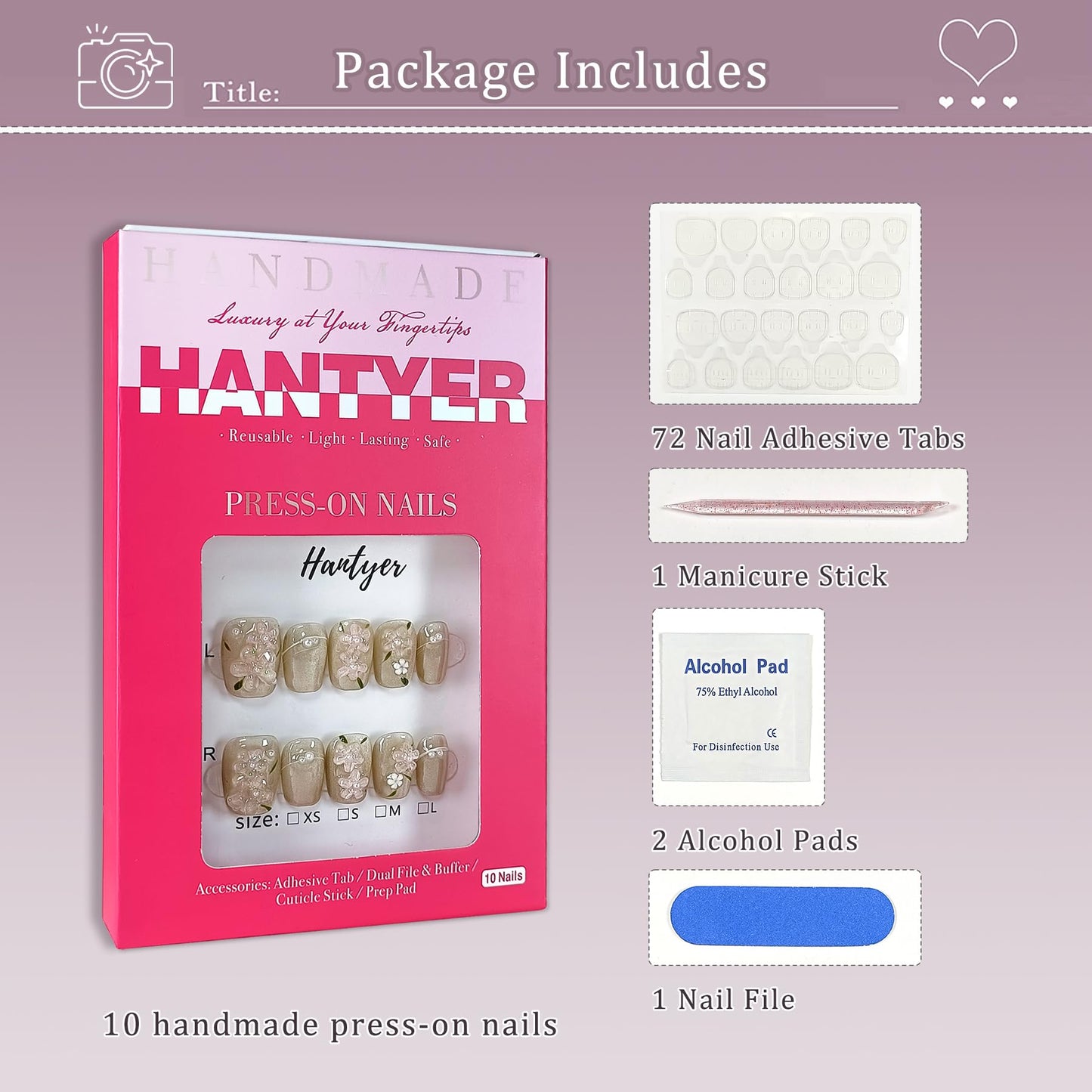 Hantyer Press on Nails | Short Coffin Fake Nails with Cat Eye Design, 3D Floral & Pearl Accents, False Nails with Icy Tea Glossy Finish, Reusable Handmade Nails in Sweet Style for Women(Size M)