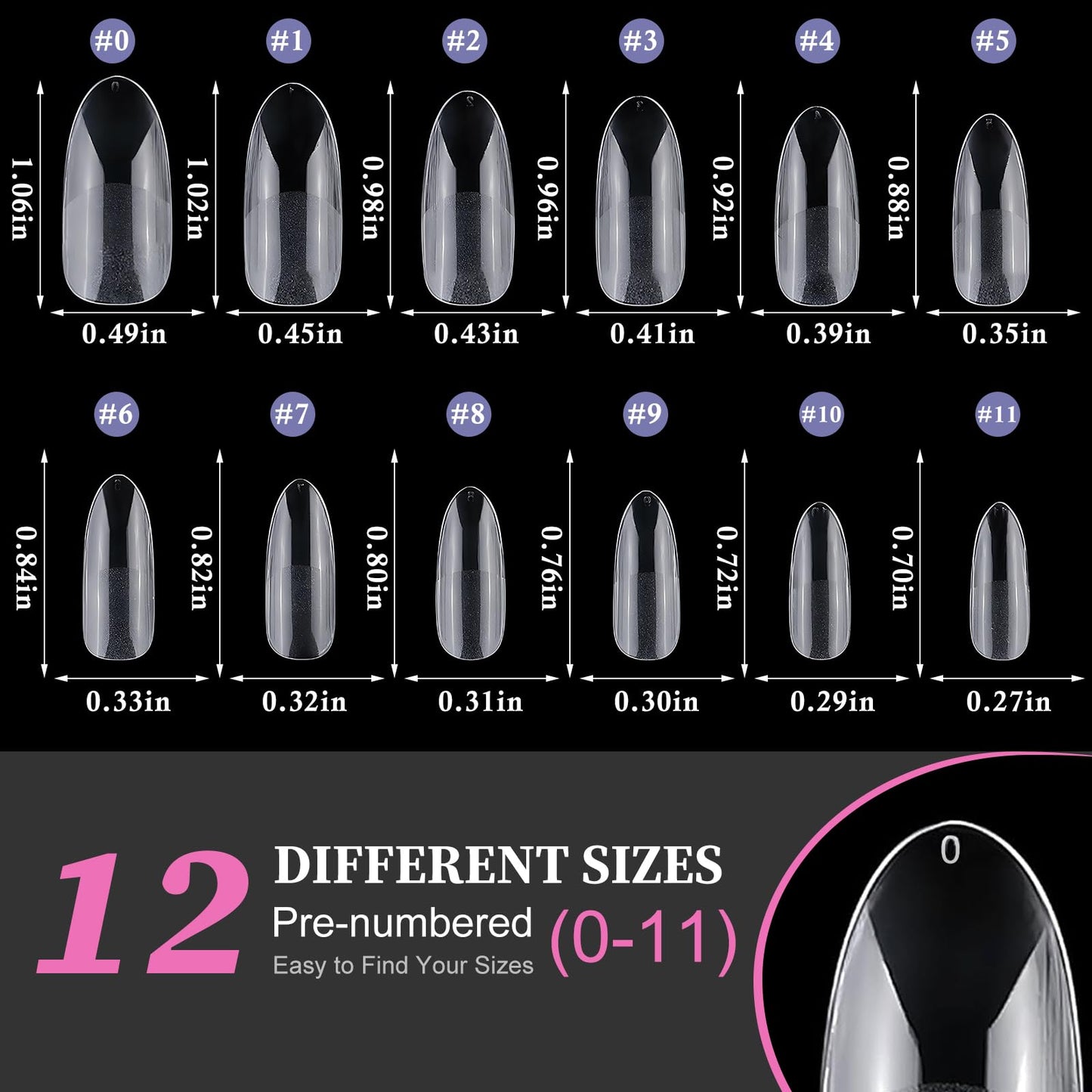 AddFavor Medium Oval Gel Nail Tips, 600pcs Round Acrylic Nail Tips Full Cover Clear Press on Nails False Tips for Nail Extension, 12 Sizes Fake Nails