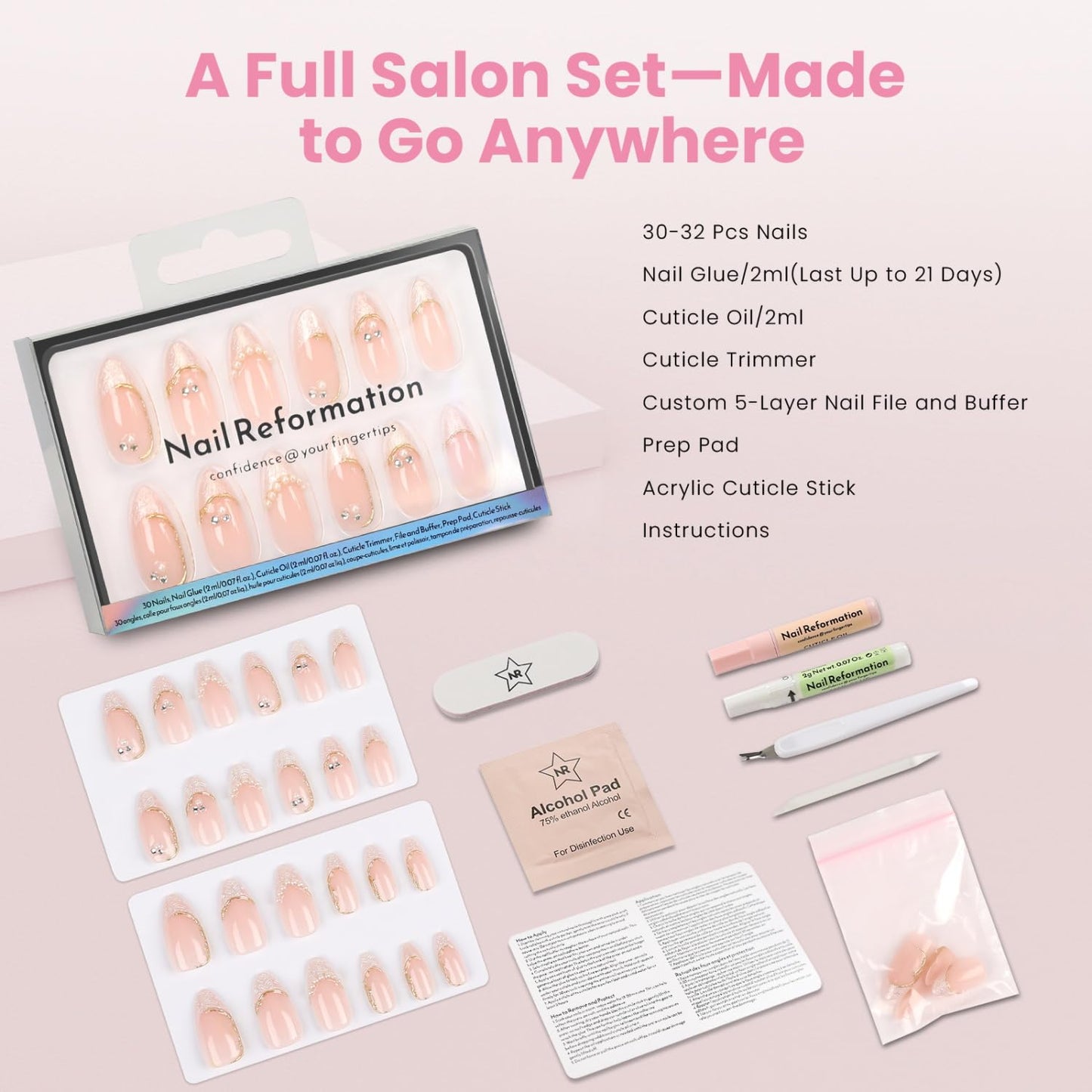 Nail Reformation Press On Nails, French Tip Nude Medium Almond Fake Nails with Pearl & Sparkling Gems in Glossy Finish, Salon Quality, Reusable Stick On Nails in 15 Sizes - 30 Nail Kit for Women Gifts