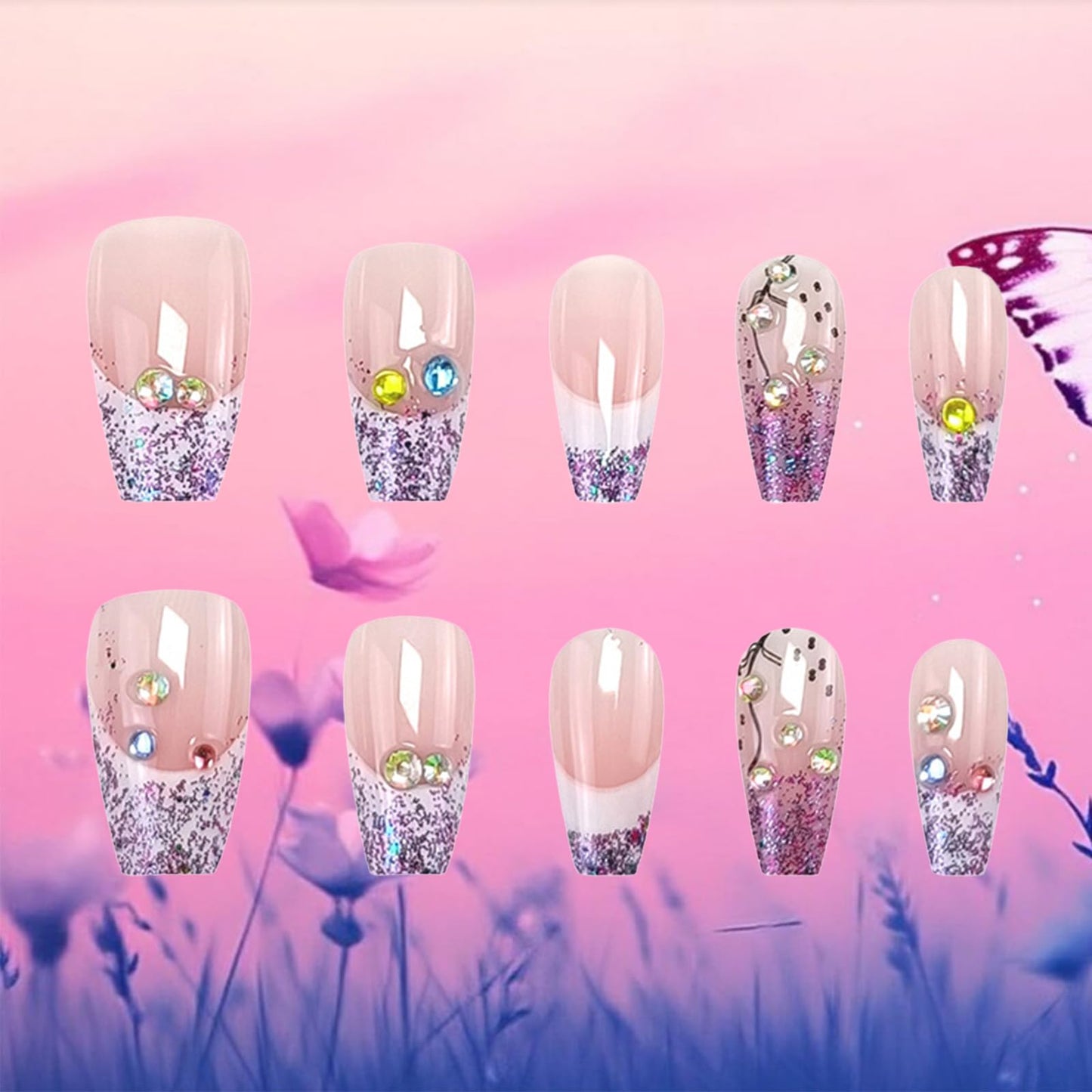 24Pcs French Tips Press on Nails Glossy Purple Glitter Medium Coffin False Nail Rhinestones Acrylic Full Cover Fake Nails Curve Gel Glue on Fingernails Sequin Stick on Nail for Holiday Manicure Art
