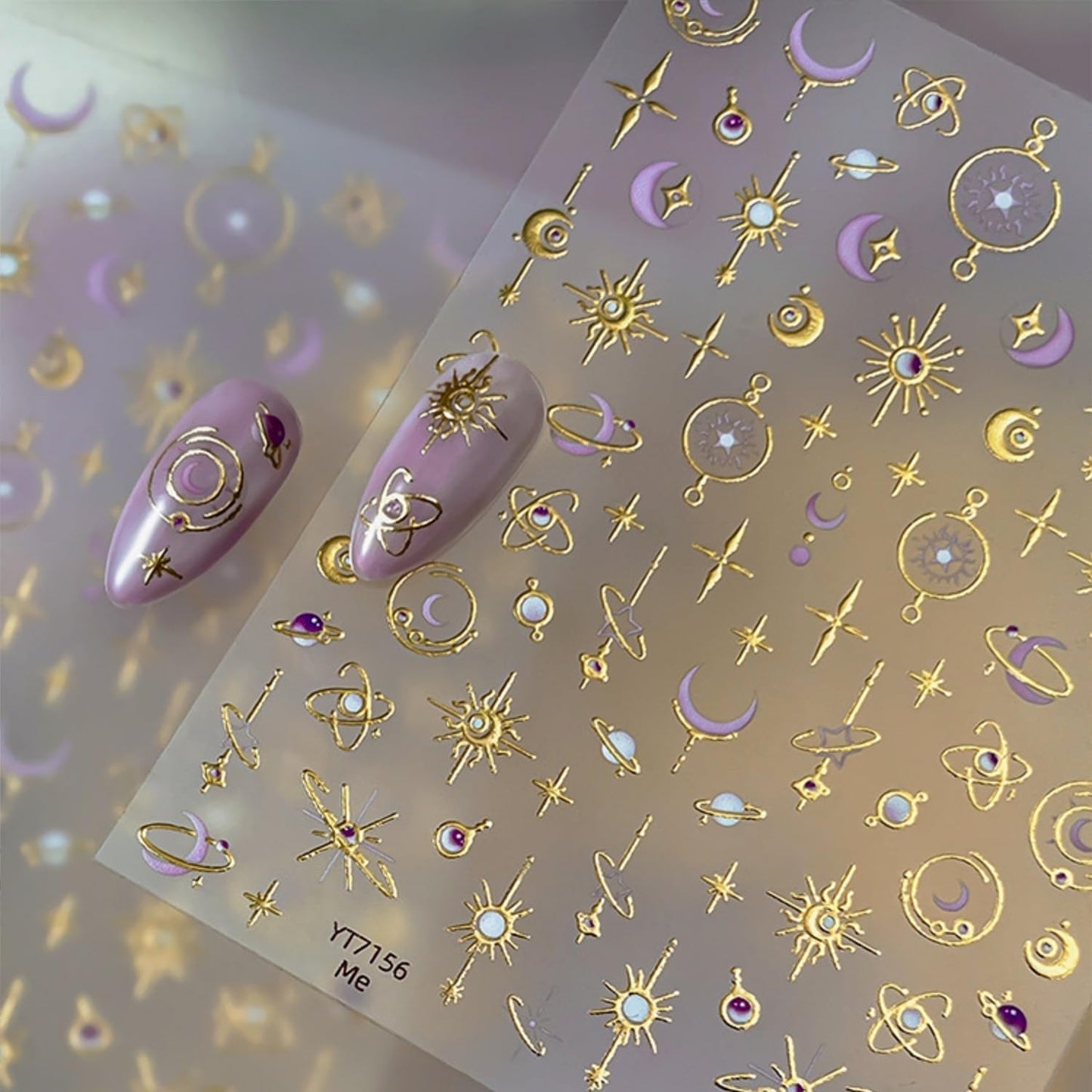 Gold Nail Art Stickers 5D Embossed Moon Star Nail Stickers Self Adhesive Planet Sun Design Metal Nail Decals Luxury Purple Gold Nails Accessories for Women Manicure
