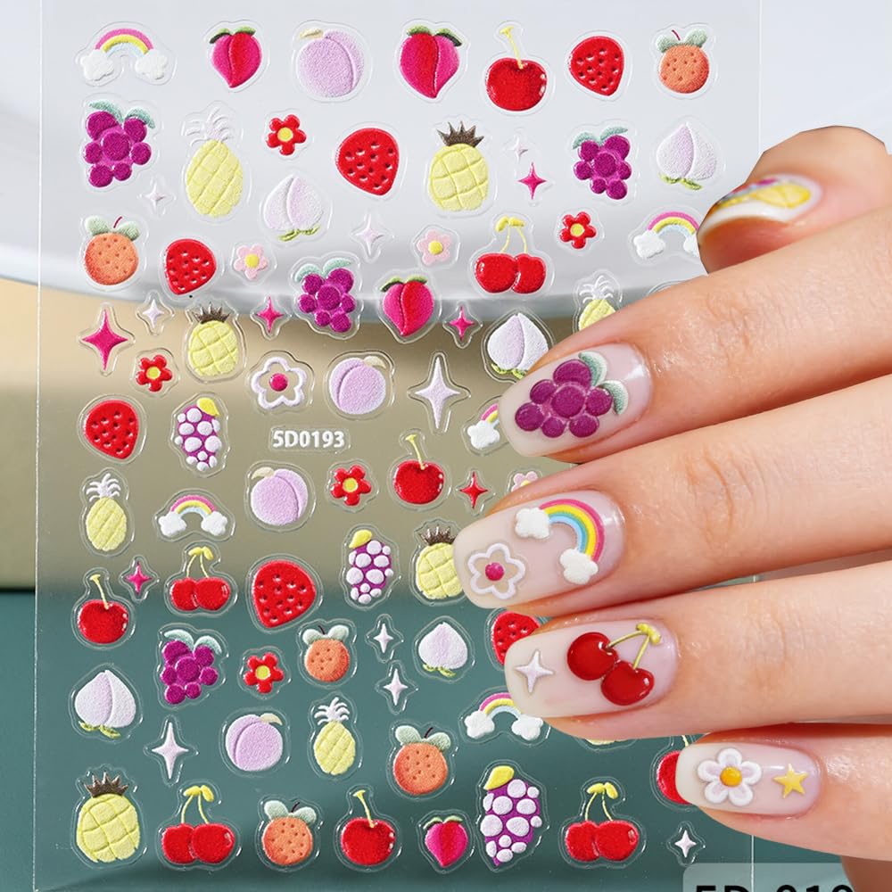 6 Sheets Fruits Nail Stickers for Nail Art Summer, 3D Self-Adhesive Nail Decals with Strawberry Cherry Pattern, Nail Supplies Nail Art Design Accessories for Women and Girls Manicure DIY Decoration