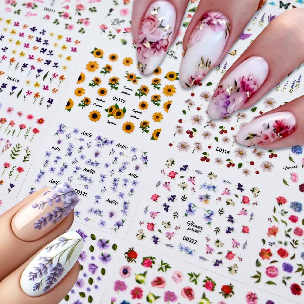 30 Sheets Flower Nail Stickers for Nail Art, 3D Self-Adhesive Wildflower Nail Decals, Sunflower Lavender Spring Nail Supplies Nail Art Design Accessories for Women and Girls Manicure DIY Decoration
