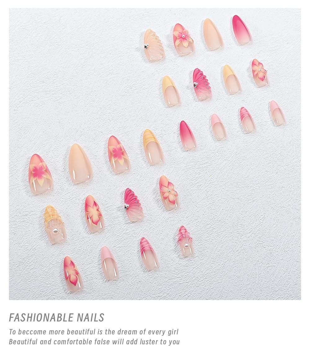 24pcs Pink Press on Nails Medium Almond Fake Nails with 3D Flower Pearl Designs Stick Nails Cute French Gradient Flowers False Nails Spring Summer Beach Floral Acrylic Nails for Women Nail Supplies