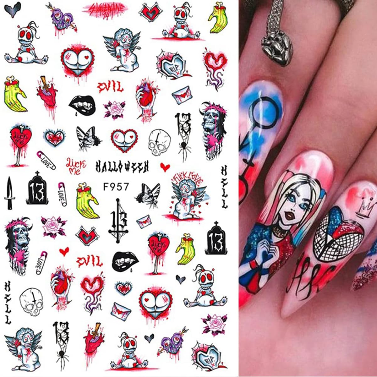 8 Sheets Halloween Nail Art Stickers 3D Punk Goth Nail Decals Evil Skull Rose Snake Nail Designs Sticker Self-Adhesive Halloween Nail Art Supplies Horror Zombie Nail Decorations for Women Manicure