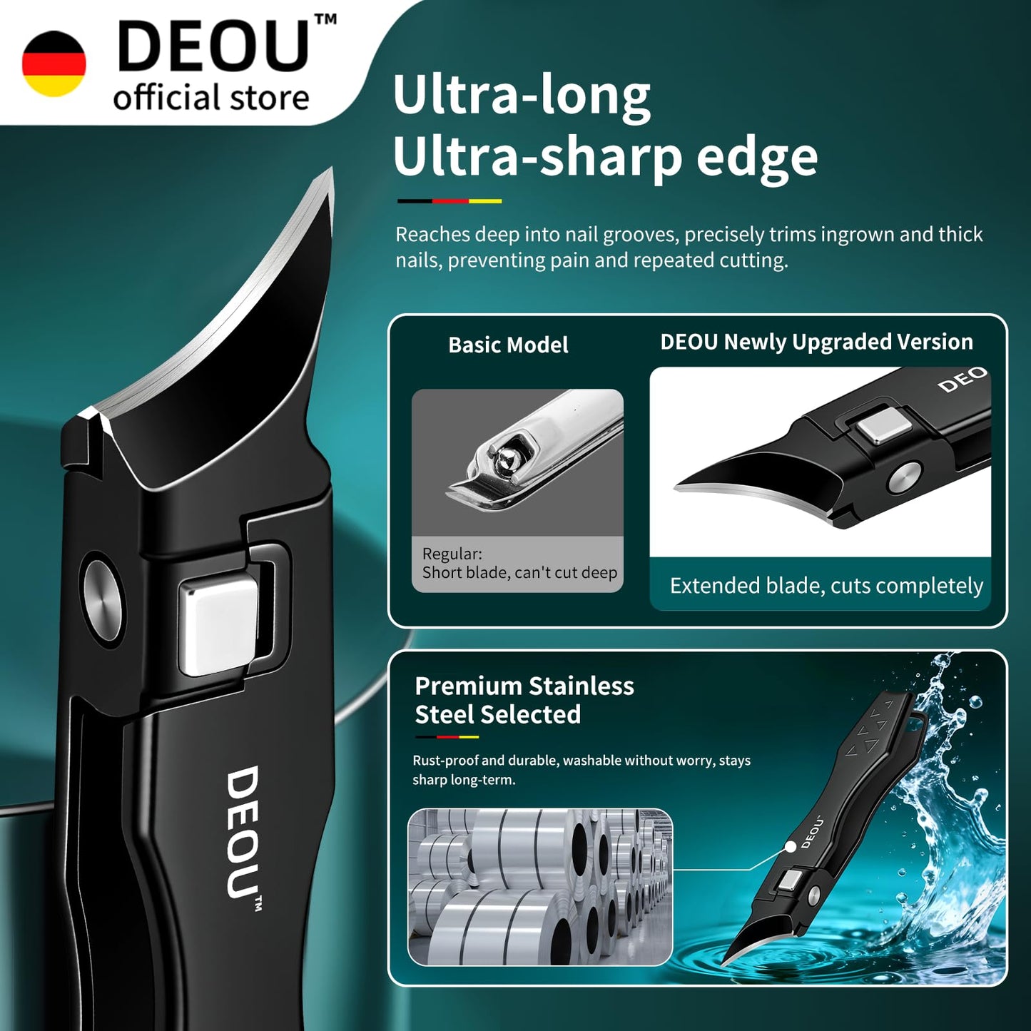DEOU Ingrown Toenail Clippers with Nail File, Premium Stainless Steel Oblique Cutter, Anti-Splash One-Piece Casting, Manicure Tool with Keyhole, Gift Box for Thick/Hard/Fungal Nails