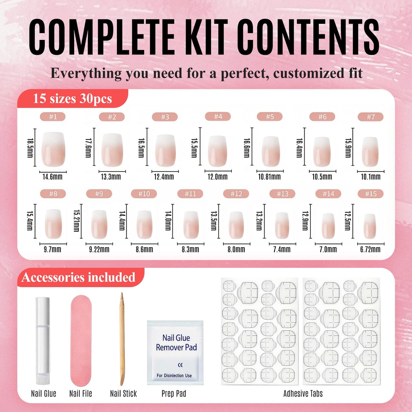 Bioday Ombre Press on Nails Short Square, Soft Gel Nude Pink Fake Nails Press on with Glue, 30Pcs Reusable Stick on Nails in 15 Sizes, Salon Quality False Nails for Women Spring Summer Vacation Gift