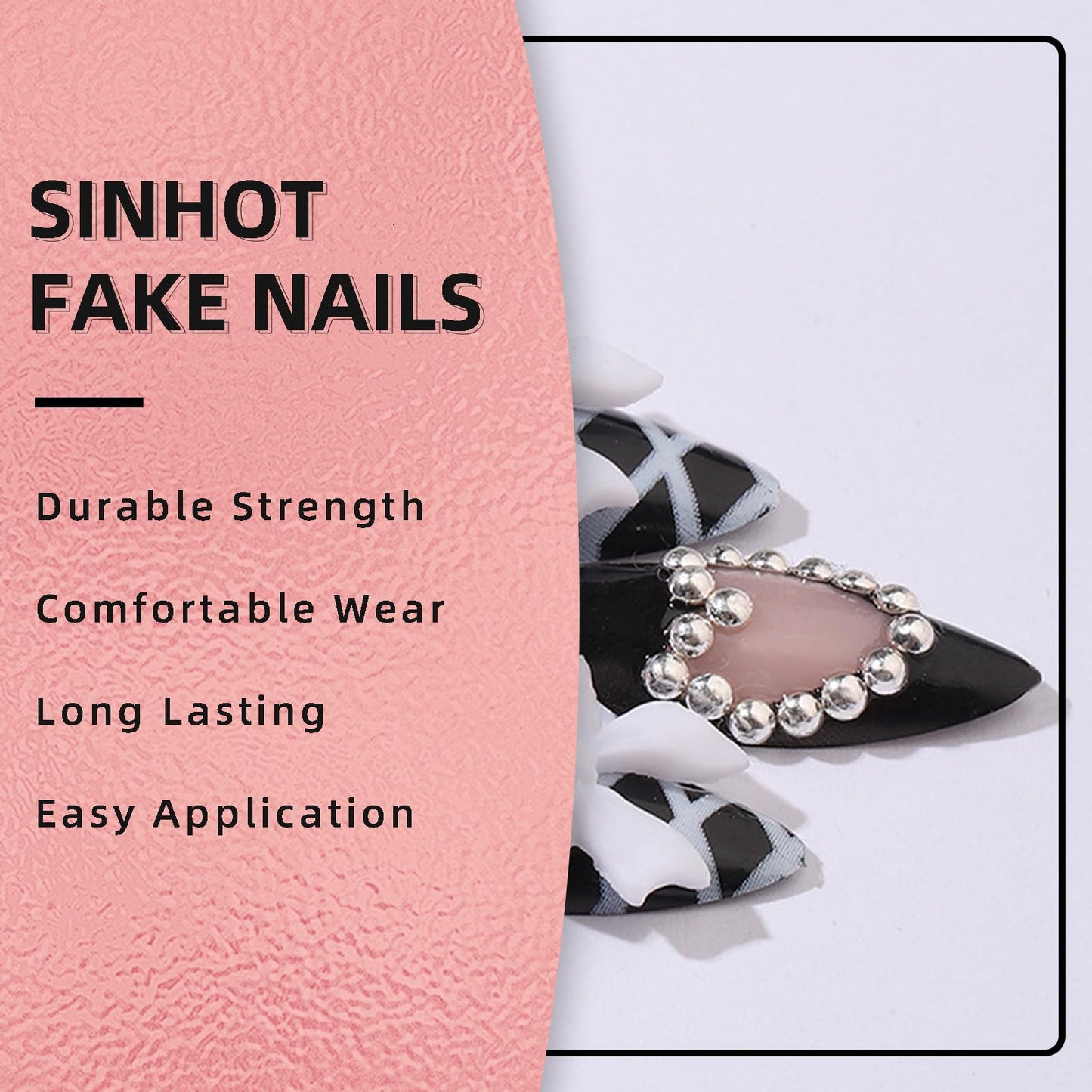 SINHOT Stiletto Press on Nails - Long Fake Nails, Glossy Finish, 3D White Bow & Pearl Hearts, DIY Artificial False Nail Art - 24 Pcs Nail Kit with Glue