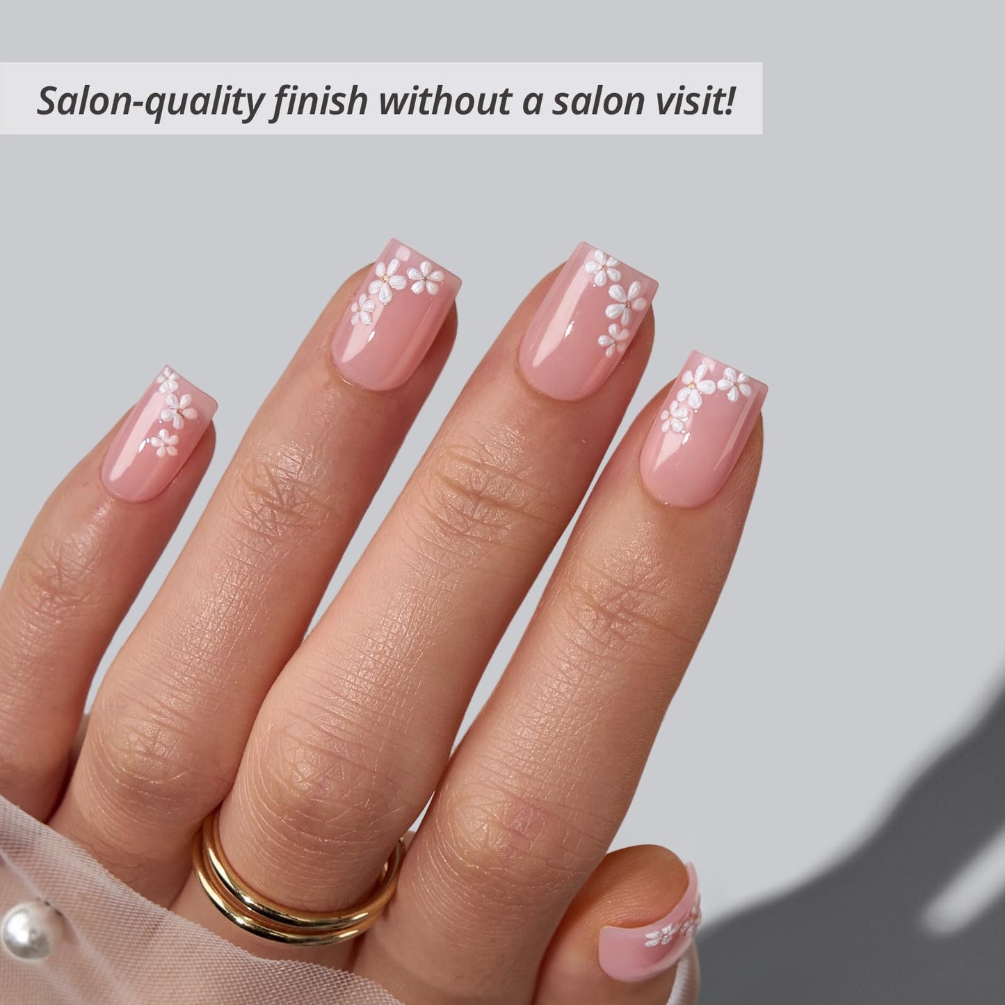 BTArtbox Press On Nails Short - Wrist Corsage, Lamp-Curable 4-Week Wear 3D Flower Pink Square Press On Nails with Glue and Adhesive Tabs, Easy-to-Apply in 16 Sizes - 32 Nails All-in-One Kit