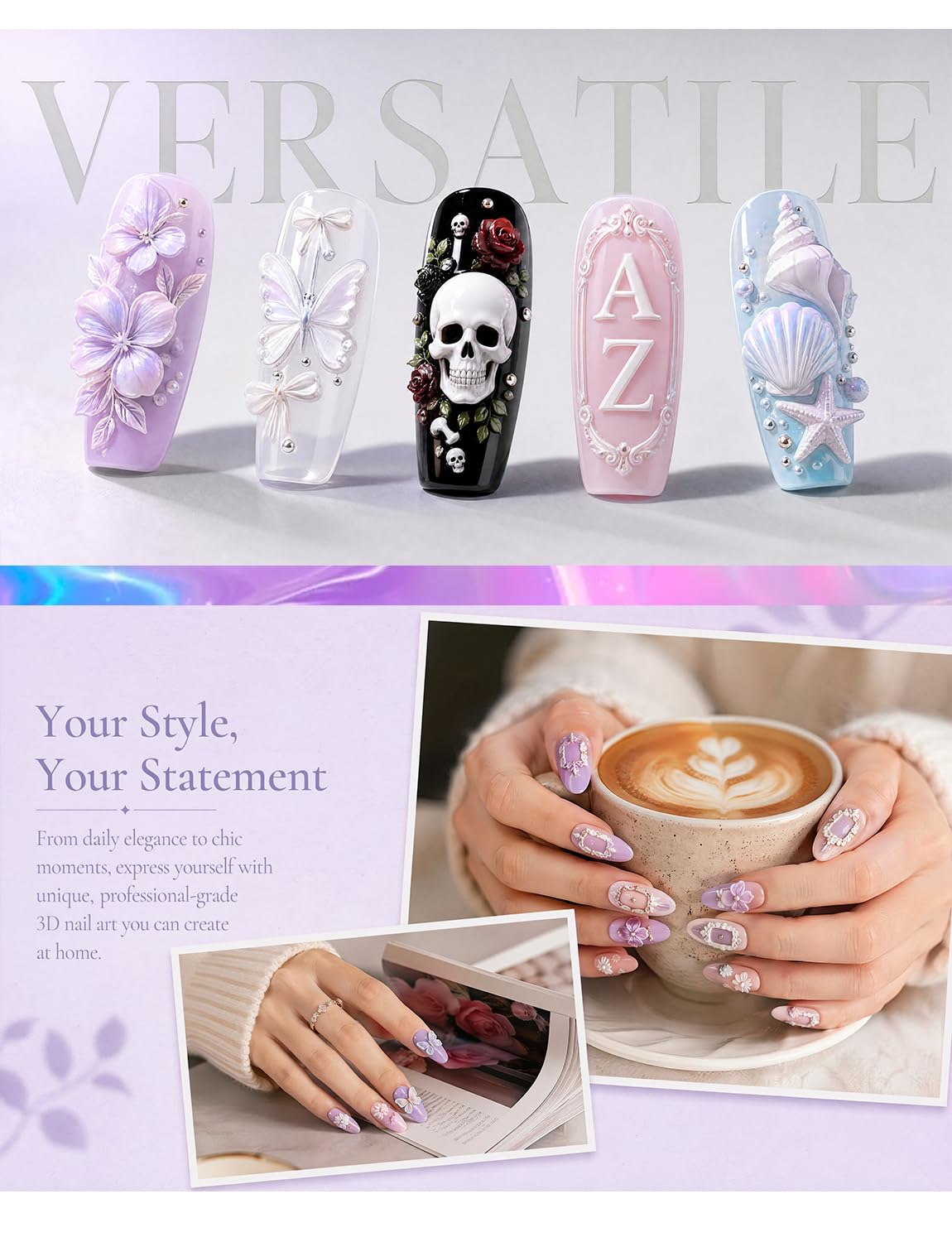 9 Pcs 3D Nail Art Silicone Resin Molds, 3D Art Flowers Nail Charm Molds Letter Resin Mold, Multiple Shapes Butterfly Shell Photo Frame Skull Nail Design Mold for DIY Manicure Accessories Supplies