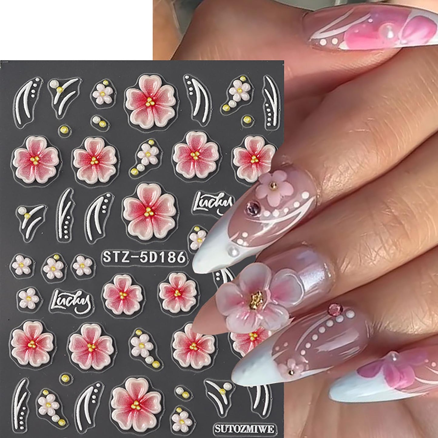 CJDLTS 2 Sheets 5D Flower Nail Art Stickers 5D Relief Self -Adhesive Cherry Blossoms Nail Decals Holographic Pink Cherry Blossoms Nails Stickers for Women Spring Acrylic Nails Decoration Supplies
