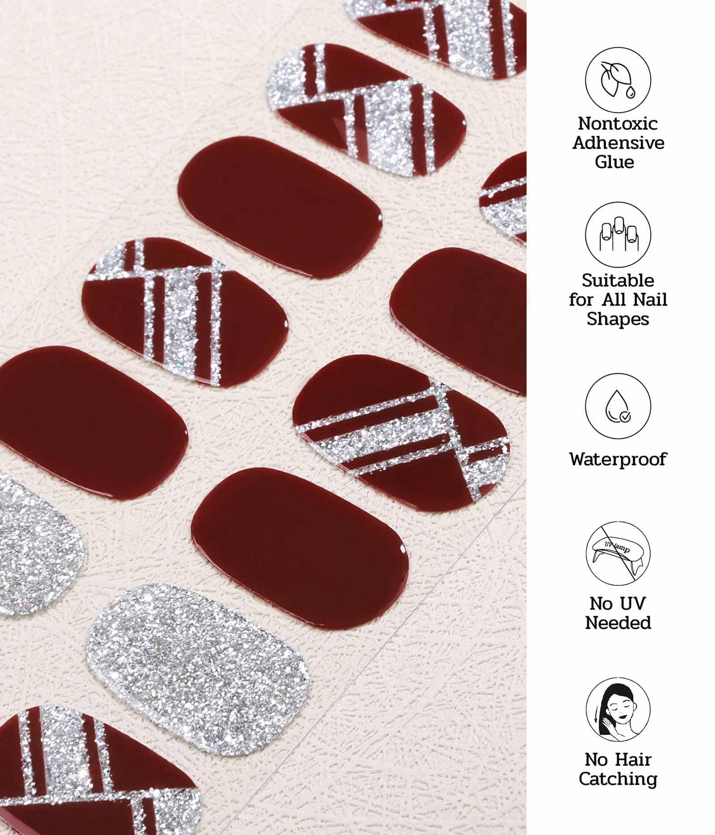 ruyeefam Nail Polish Strips (No UV Lamp Needed) - 22 Pcs Salon Quality Gel Nail Stickers - Long Lasting Wraps (Silvered Wine)