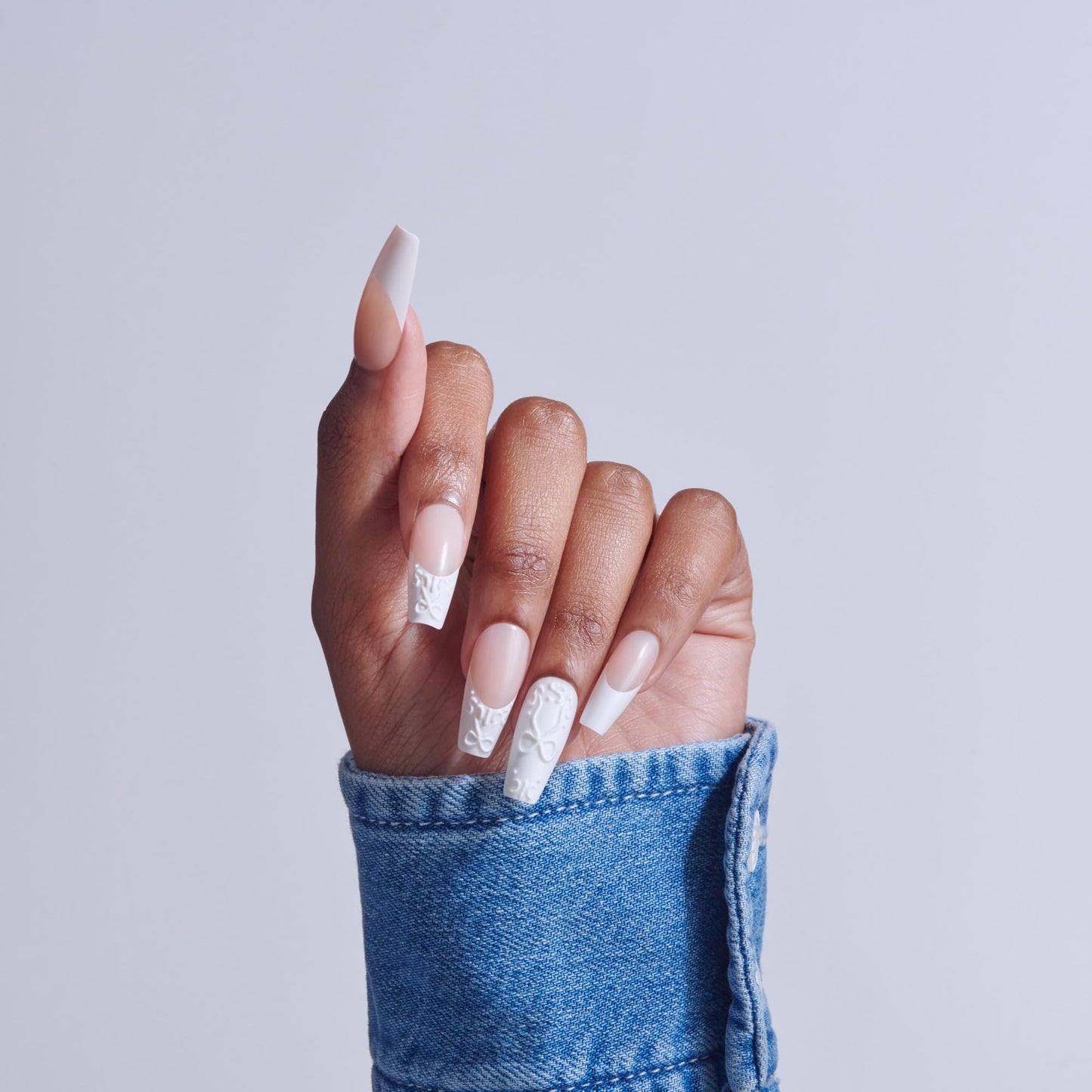 Kiss Glam, Press On Nails, Nail glue included, 'Breath of Harmony', White, Long Size, Coffin Shape, Includes 32 Nails, 2g Glue, 1 Manicure Stick, 1 Mini File
