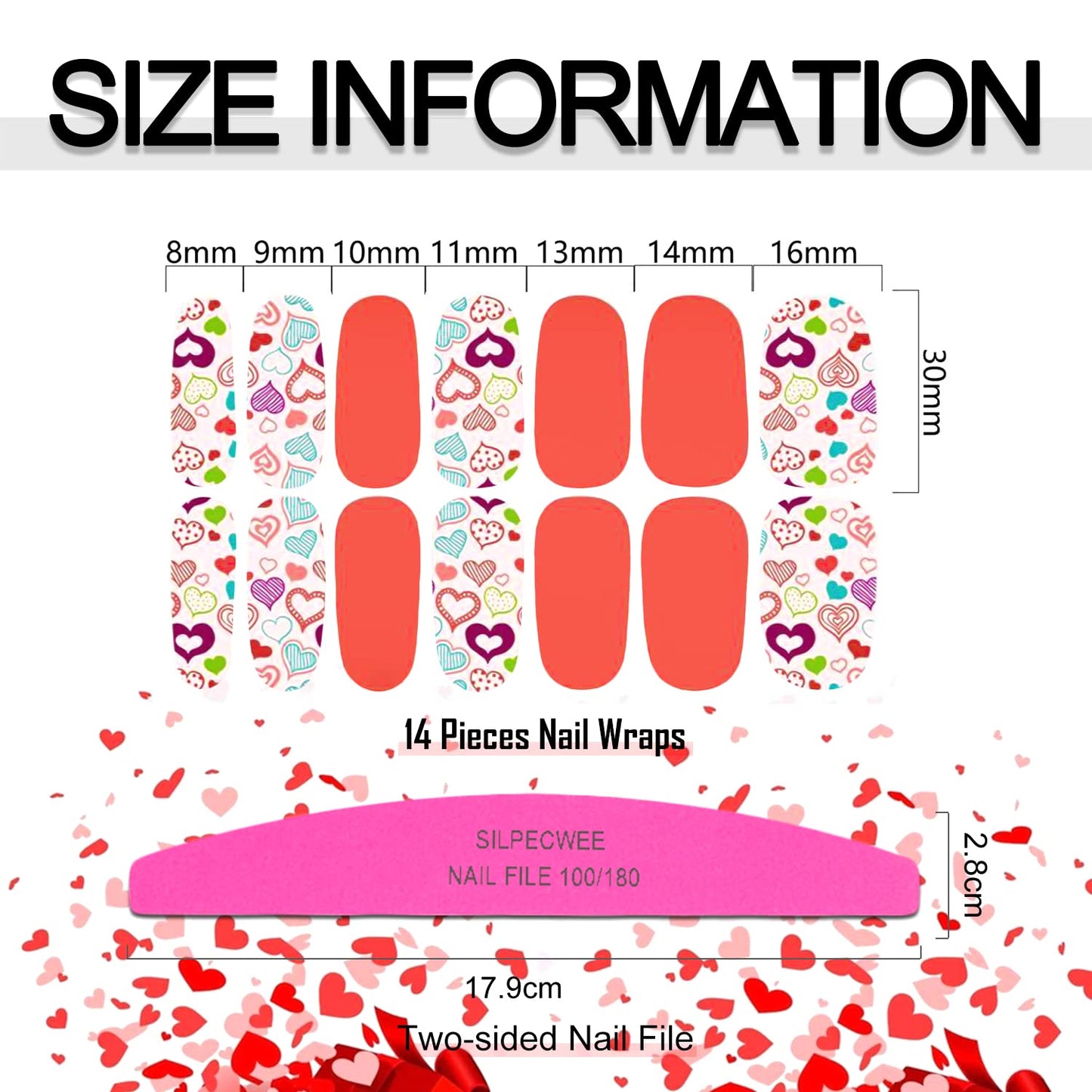SILPECWEE 20 Sheets Valentine's Day Nail Polish Stickers Decals Nail Wraps for Women Gel Nail Strips Self Adhesive Nail Polish Strips Holiday Manicure Design for Nail Art with 1pc Nail File