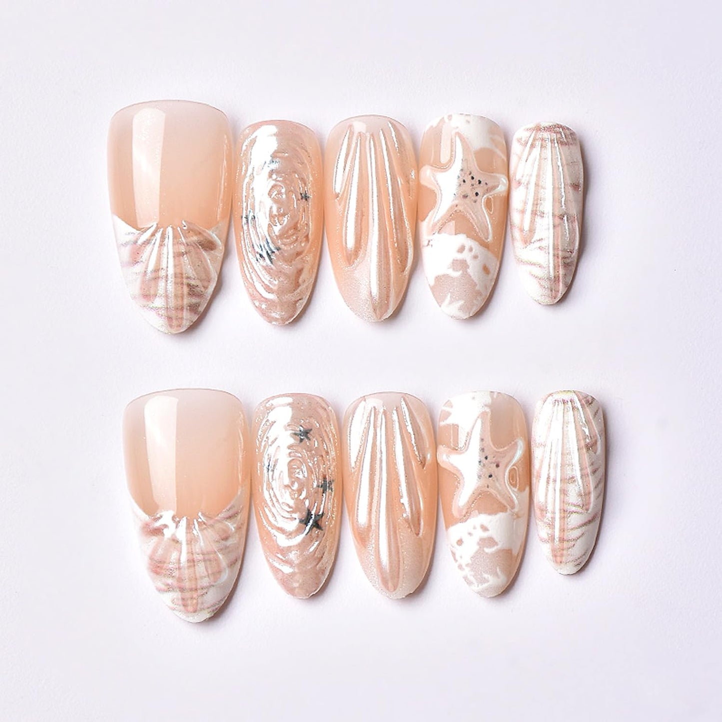 Summer Beach Press on Nails Kit Medium Almond Nail French Tip Fake Nails with 3D Pearl Seashell Design Stick on Nails Cute Starfish False Nail Ocean Acrylic Nails Water Ripples Nails for Women 30Pcs
