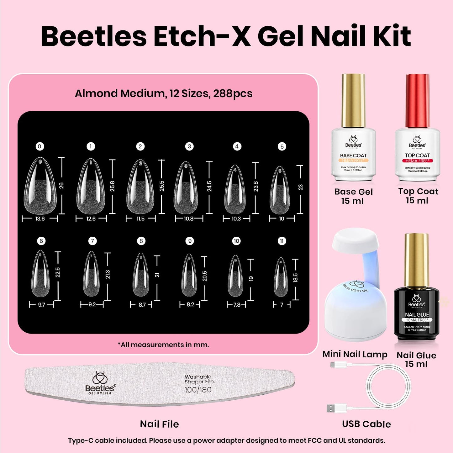 Beetles Gel Nail Kit Etch-X, Almond Medium, 288pcs 12 Sizes Nail Tips, 3Pcs 15ml HEMA-Free Nail Glue Top Coat & Base Gel Set, with Mini Lamp, Press On Nail, Long Lasting Extension DIY Set at Home